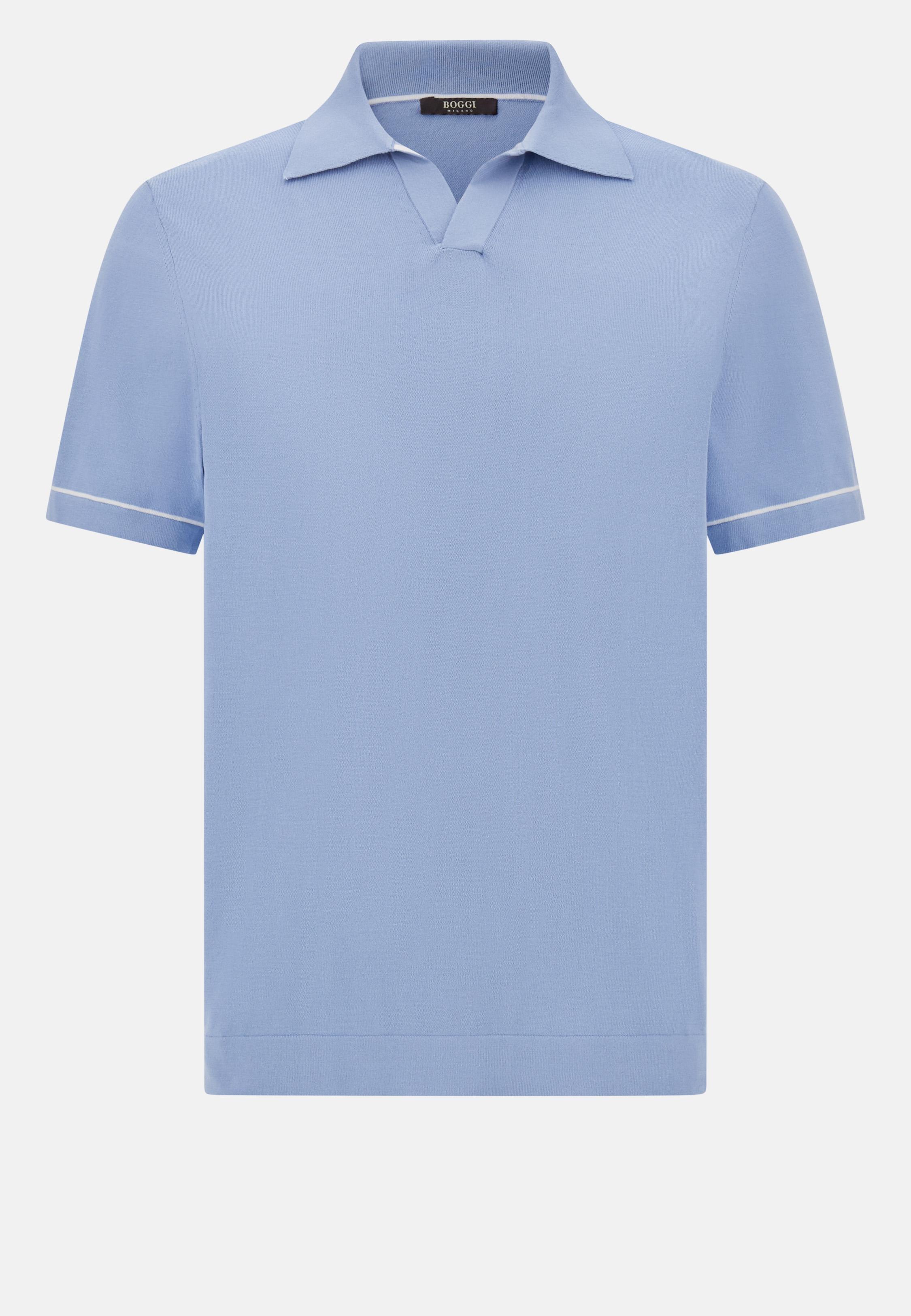 Cotton Crape Knit Polo Shirt Blue, Light Blue, large image number 8