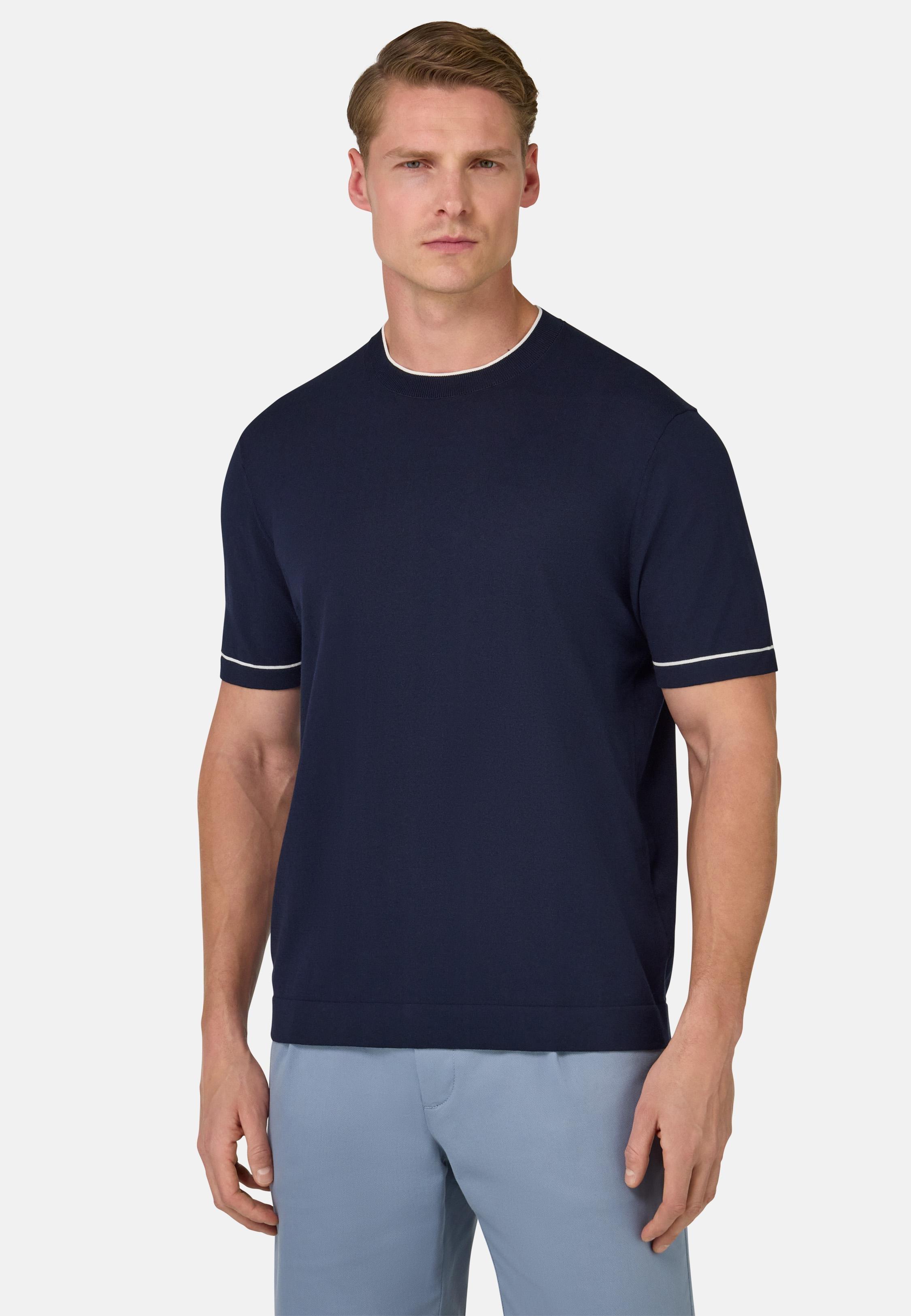 Cotton Cr�pe Knit T-Shirt Navy, , medium