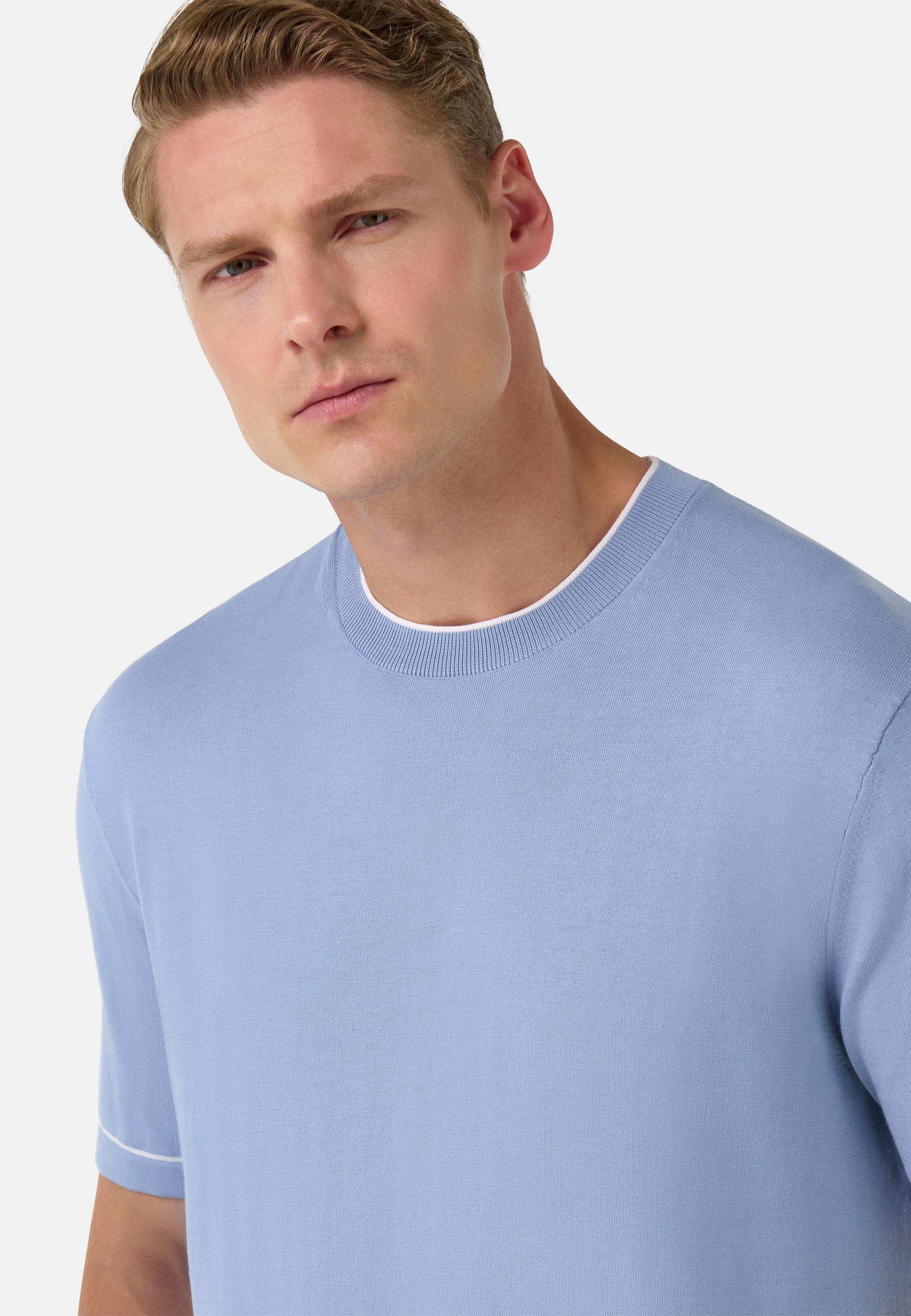 Cotton Crepe Knit T-Shirt Blue, Light Blue, large image number 5