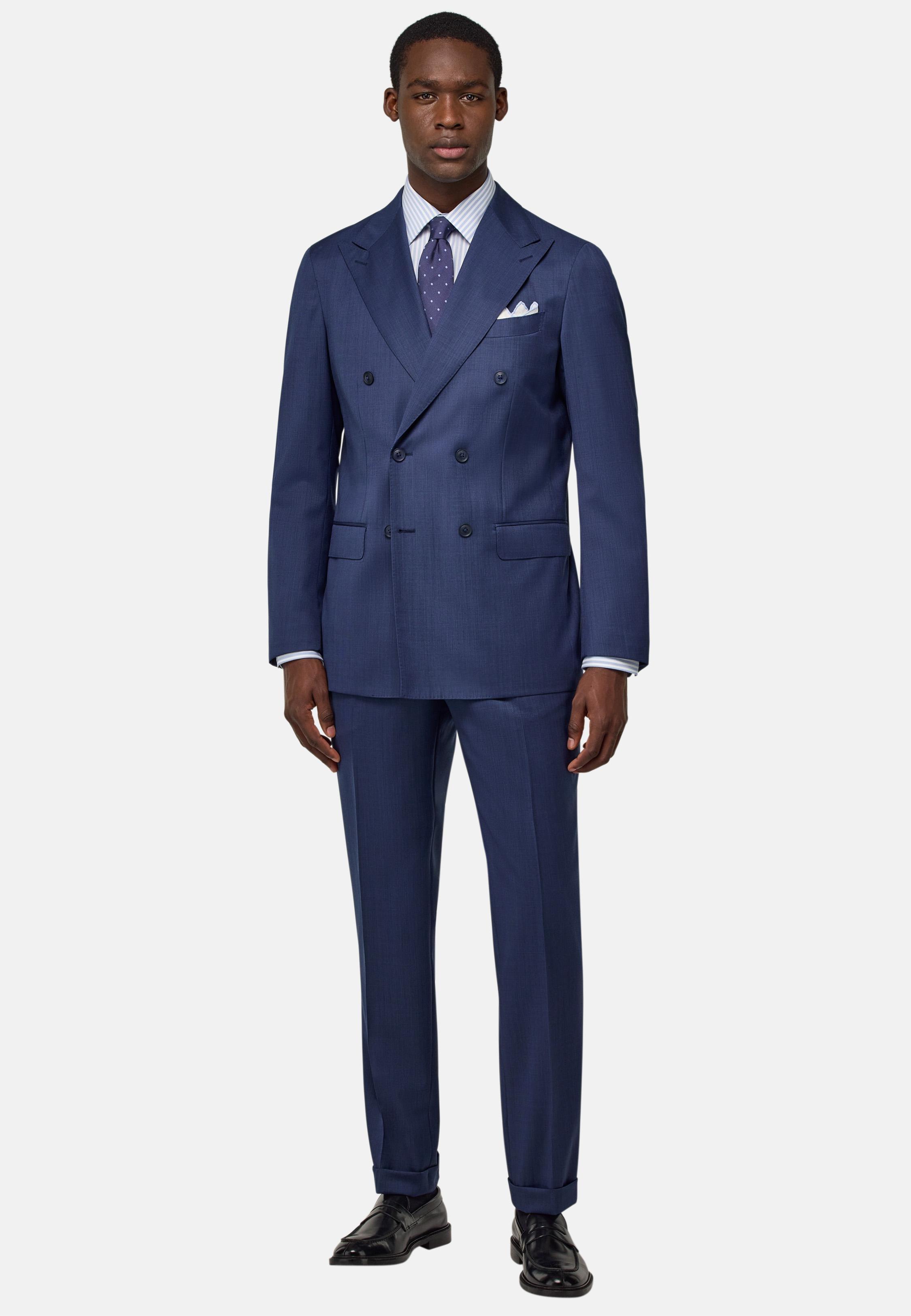Micro Pattern Double-Breasted Suit In Pure Wool Blue, , large image number 0