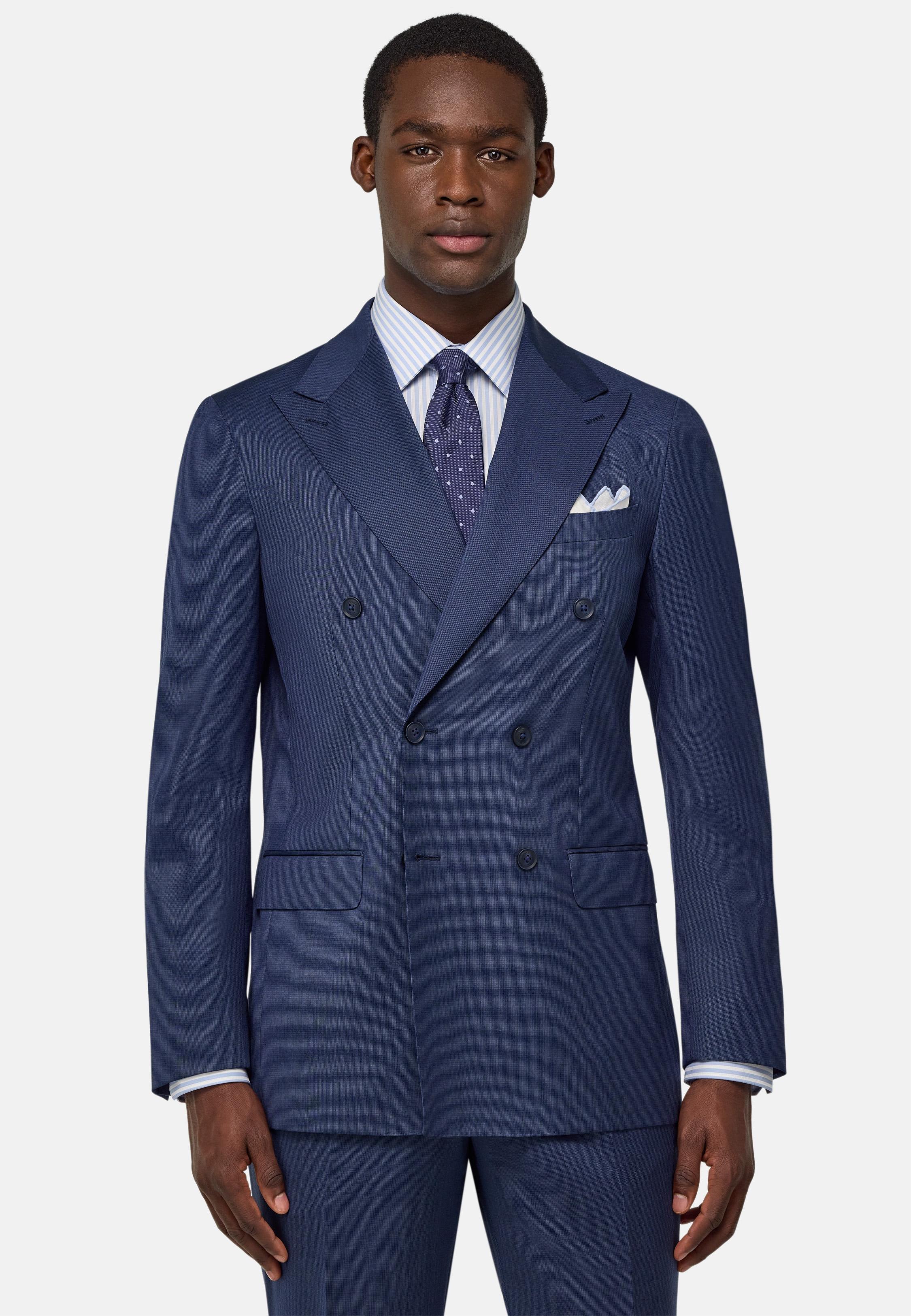 Micro Pattern Double-Breasted Suit In Pure Wool Blue, , large image number 1
