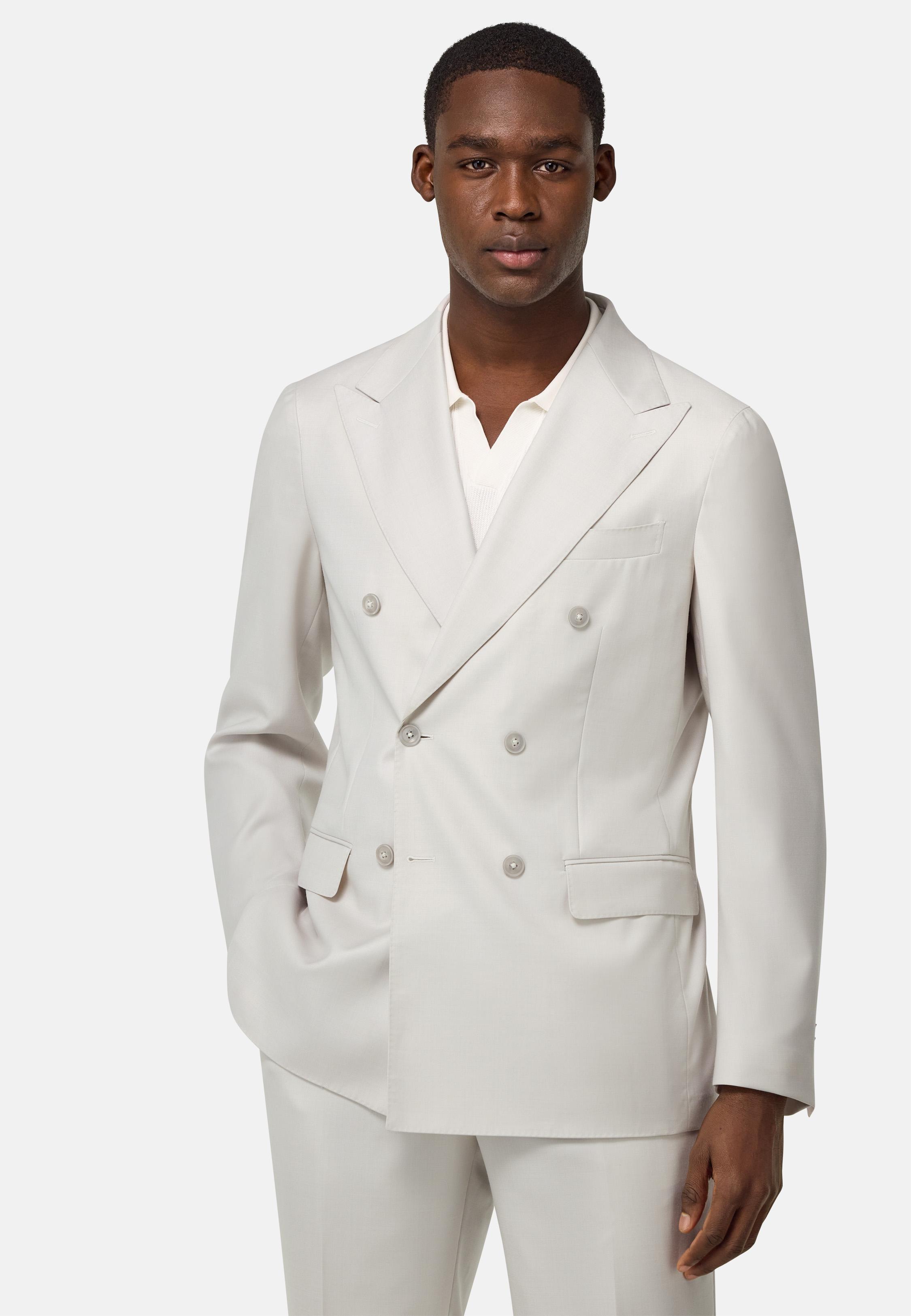 Double-Breasted Grisaille Suit In Pure Wool White, , medium