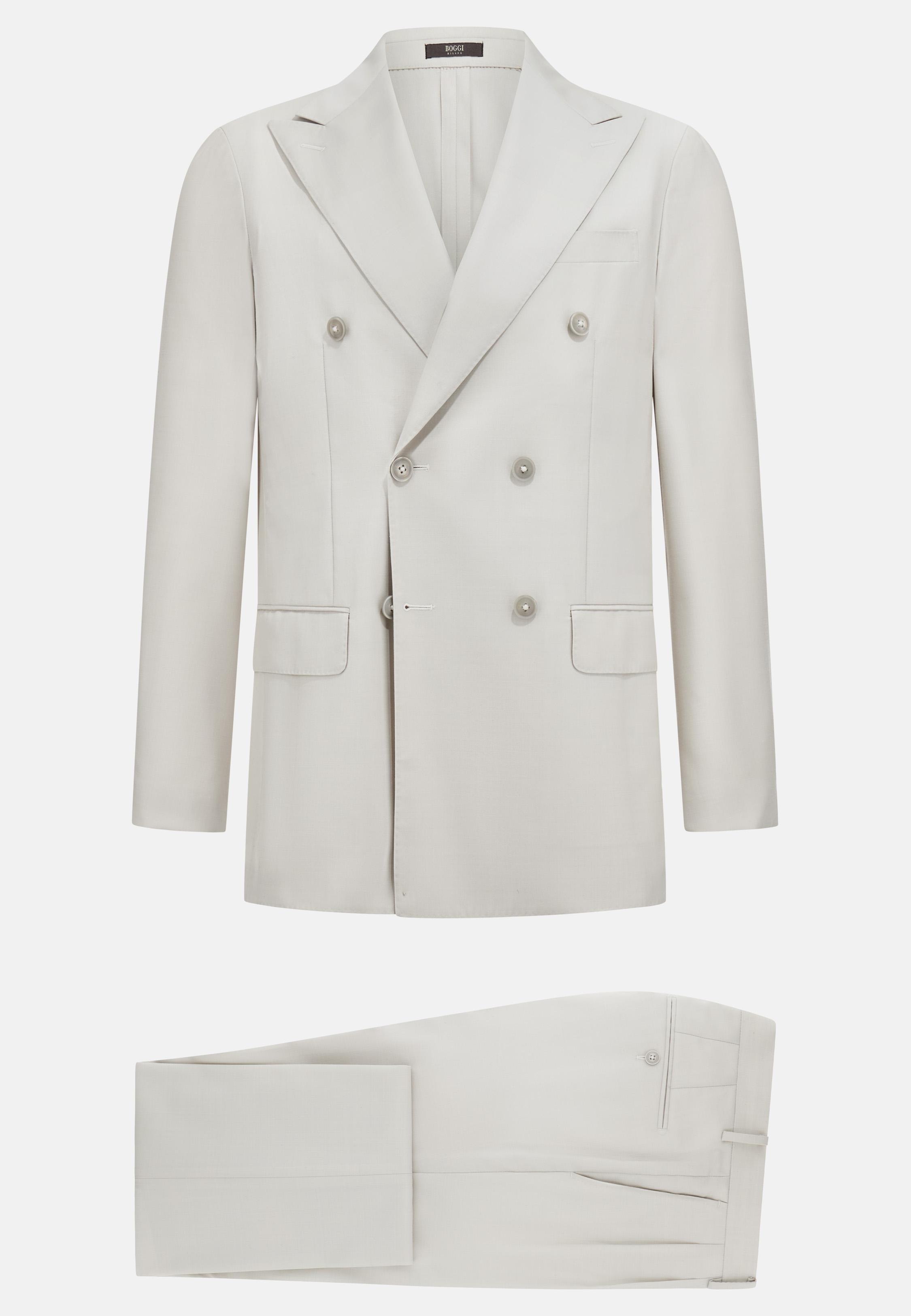 Double-Breasted Grisaille Suit In Pure Wool White, , large image number 4
