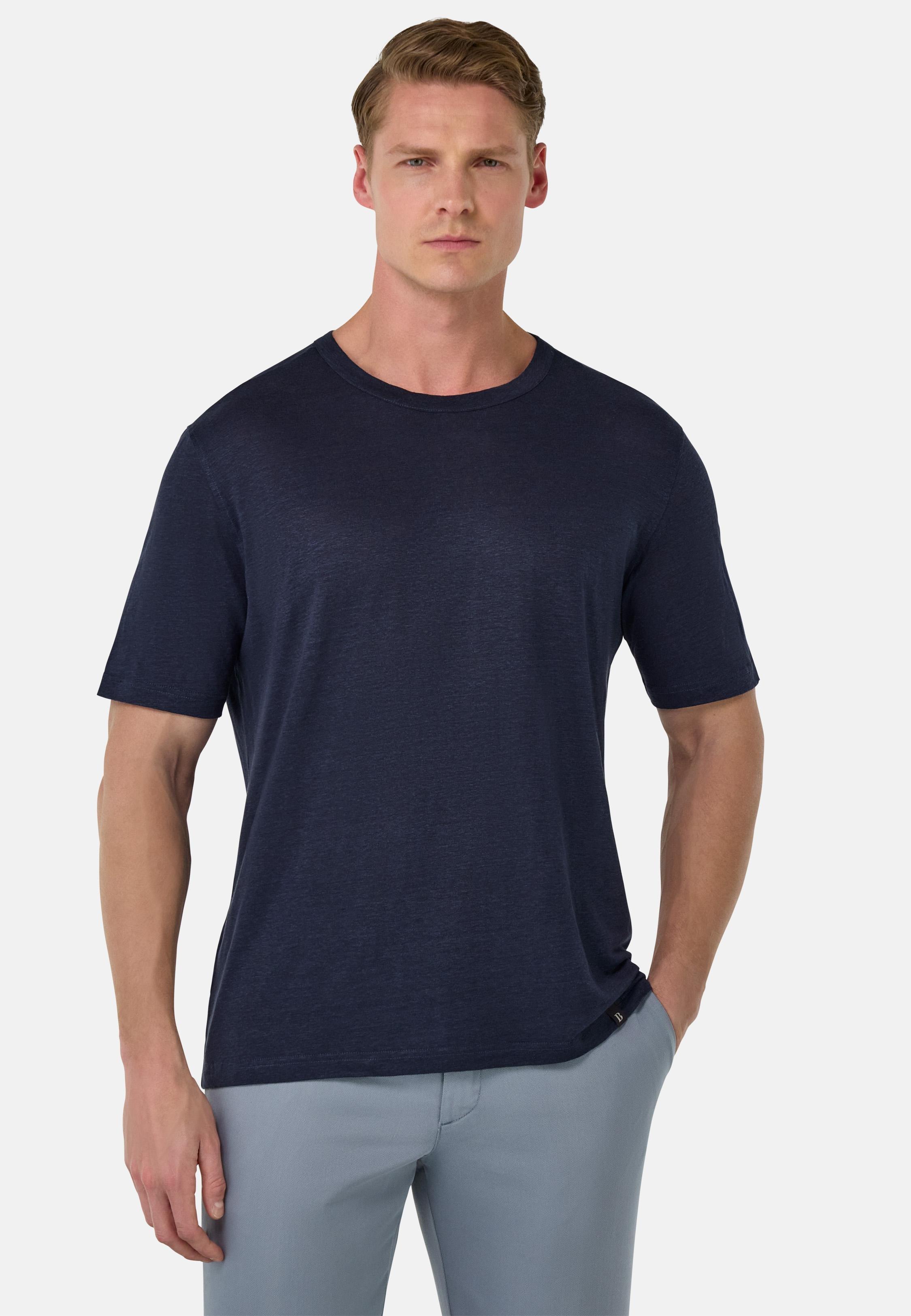 T-Shirt in Stretch Linen Jersey Navy, Navy blue, medium
