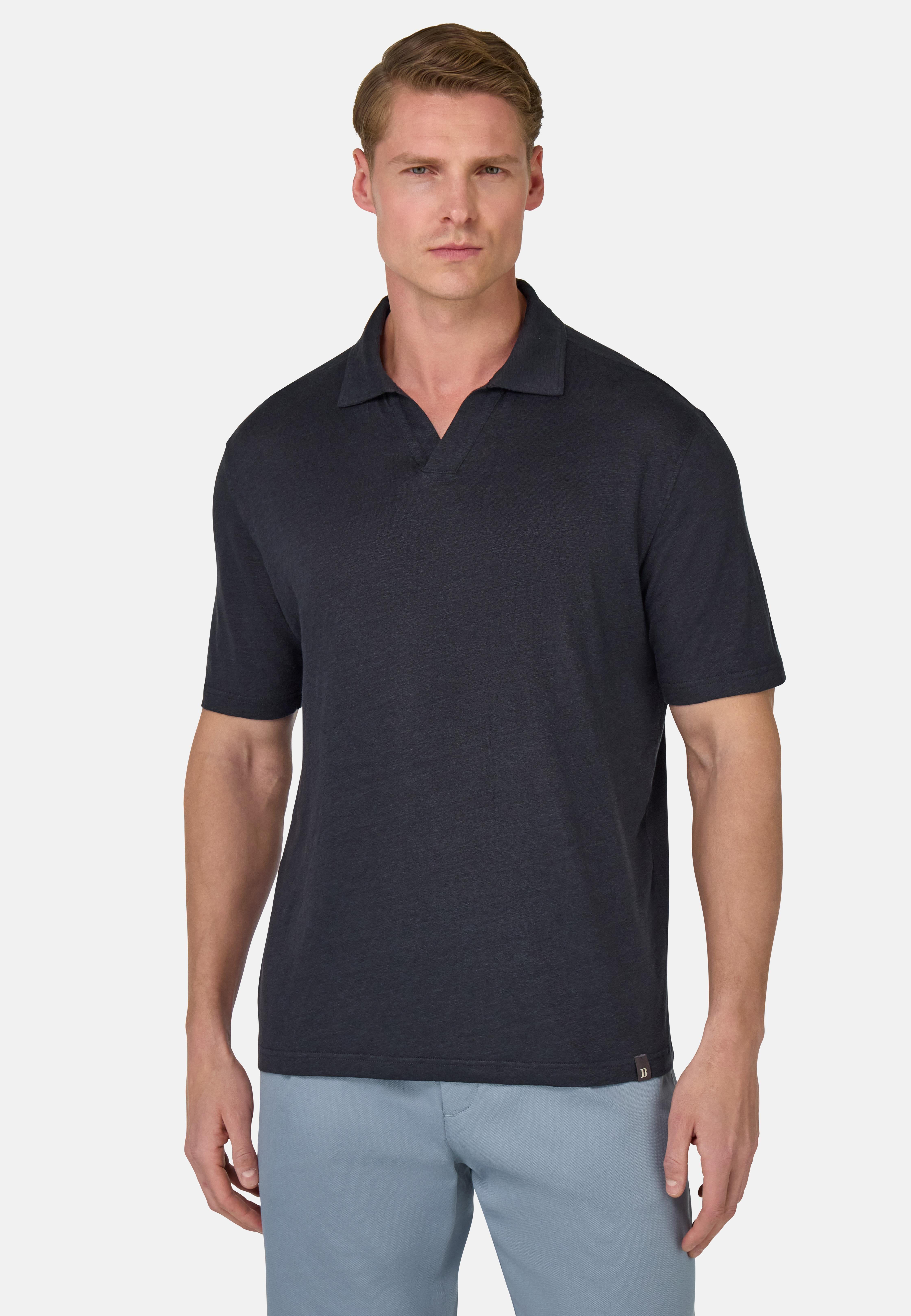 Stretch Linen Jersey Polo Shirt Navy, , large image number 1