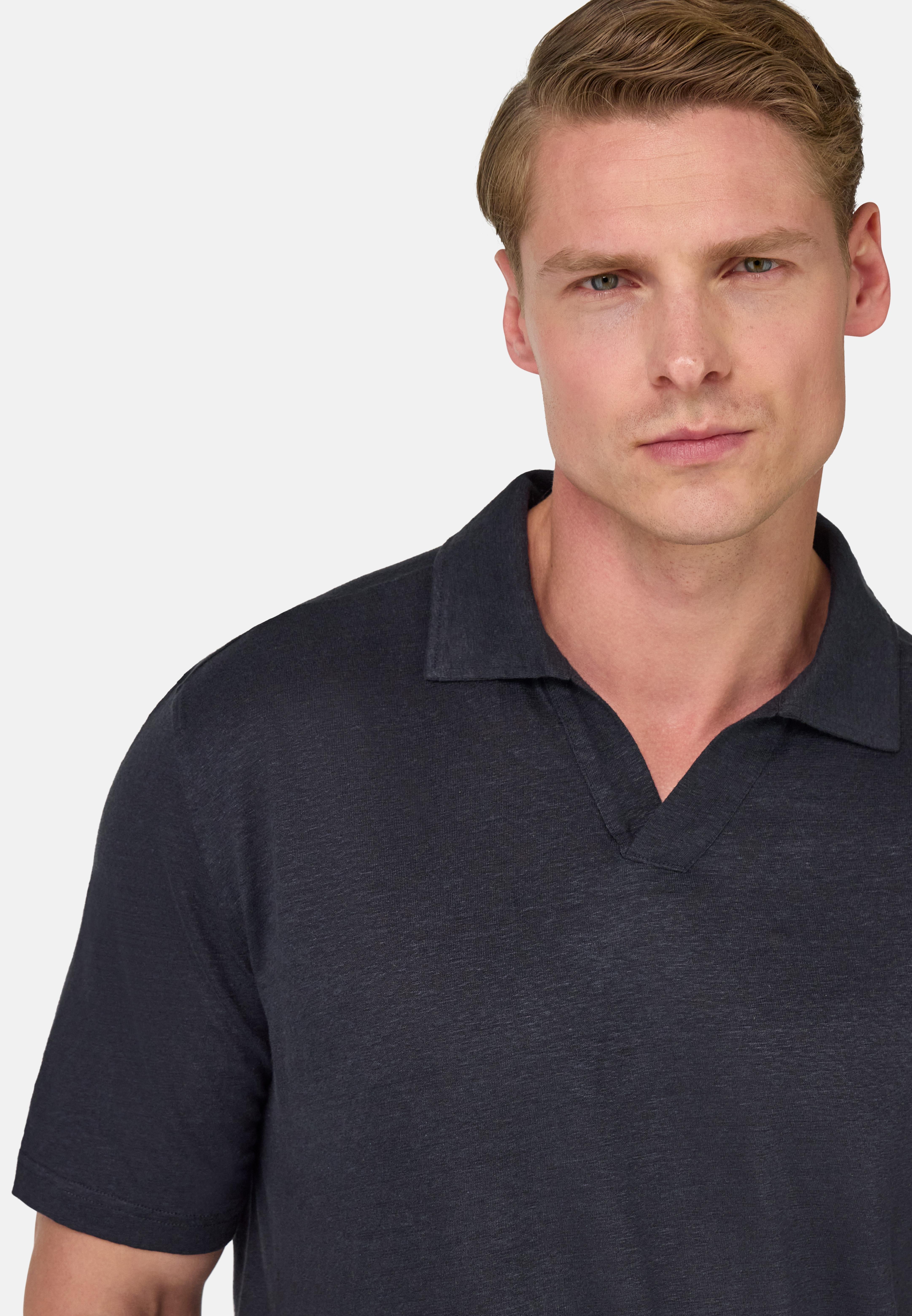 Stretch Linen Jersey Polo Shirt Navy, , large image number 2
