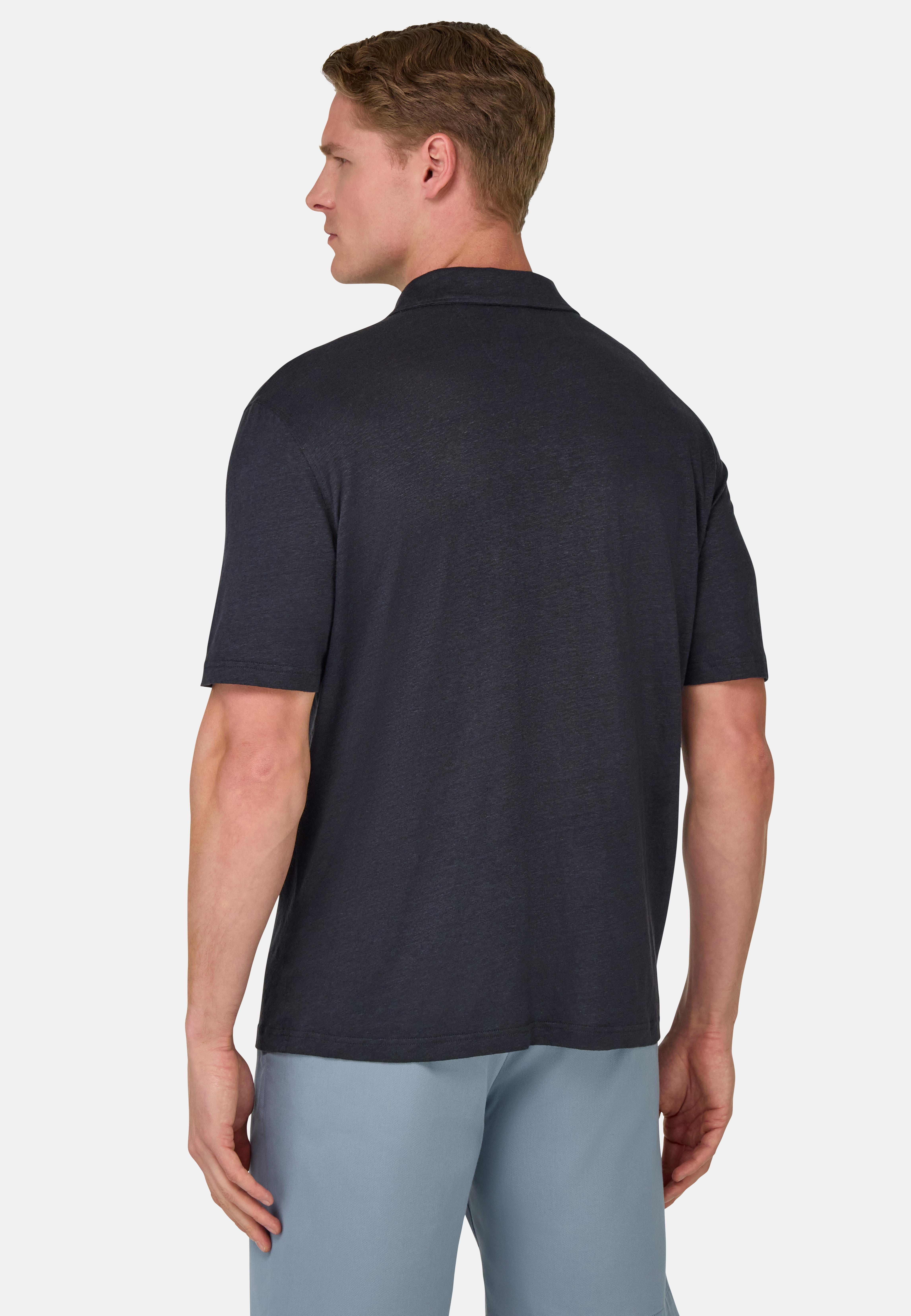 Stretch Linen Jersey Polo Shirt Navy, , large image number 3