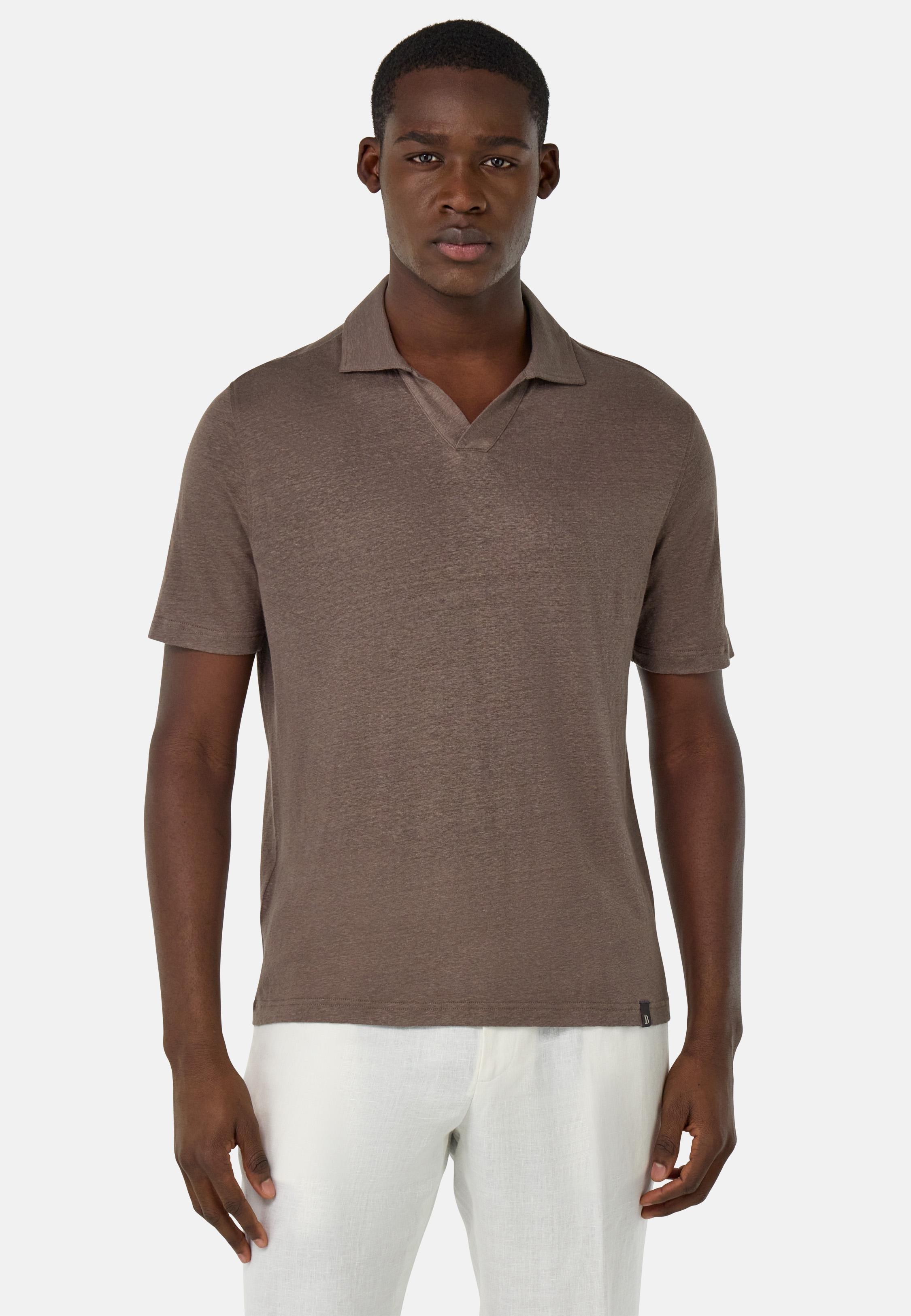Stretch Linen Jersey Polo Shirt Brown, , large image number 1