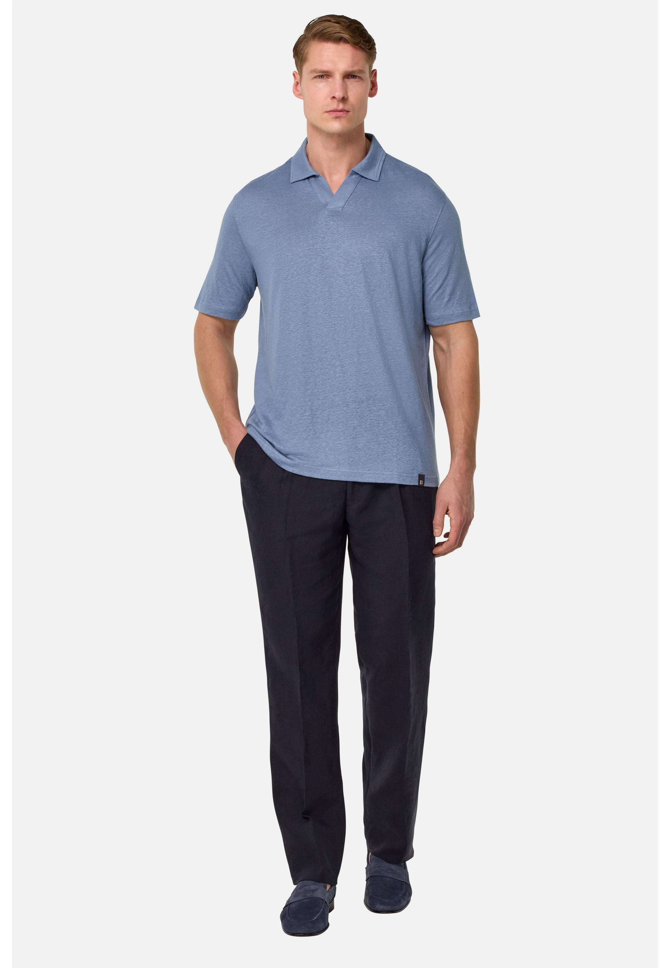 Stretch Linen Jersey Polo Shirt Blue, Indigo, medium