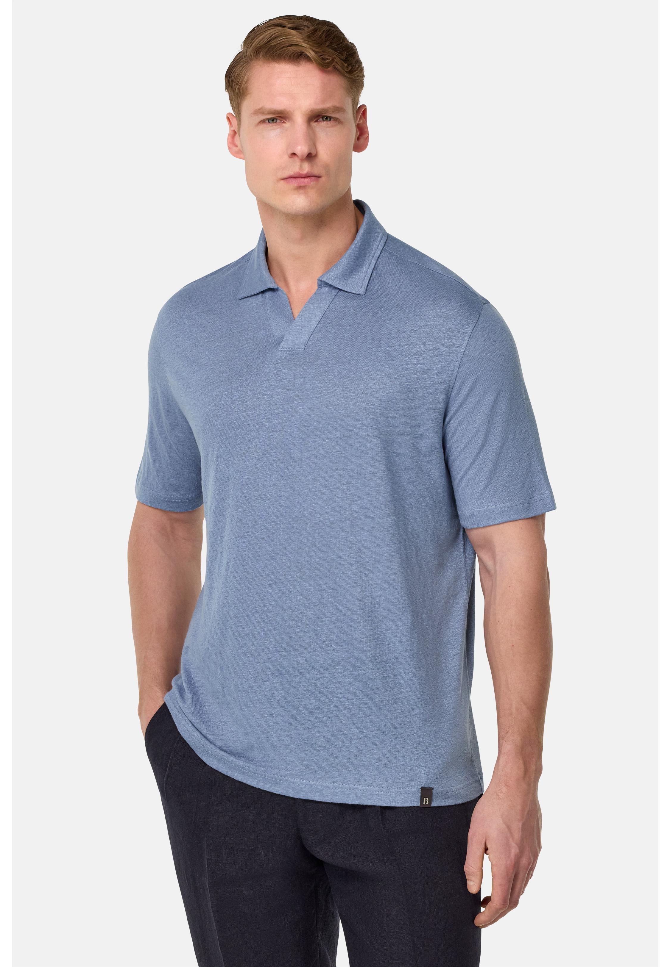 Stretch Linen Jersey Polo Shirt Blue, Indigo, medium