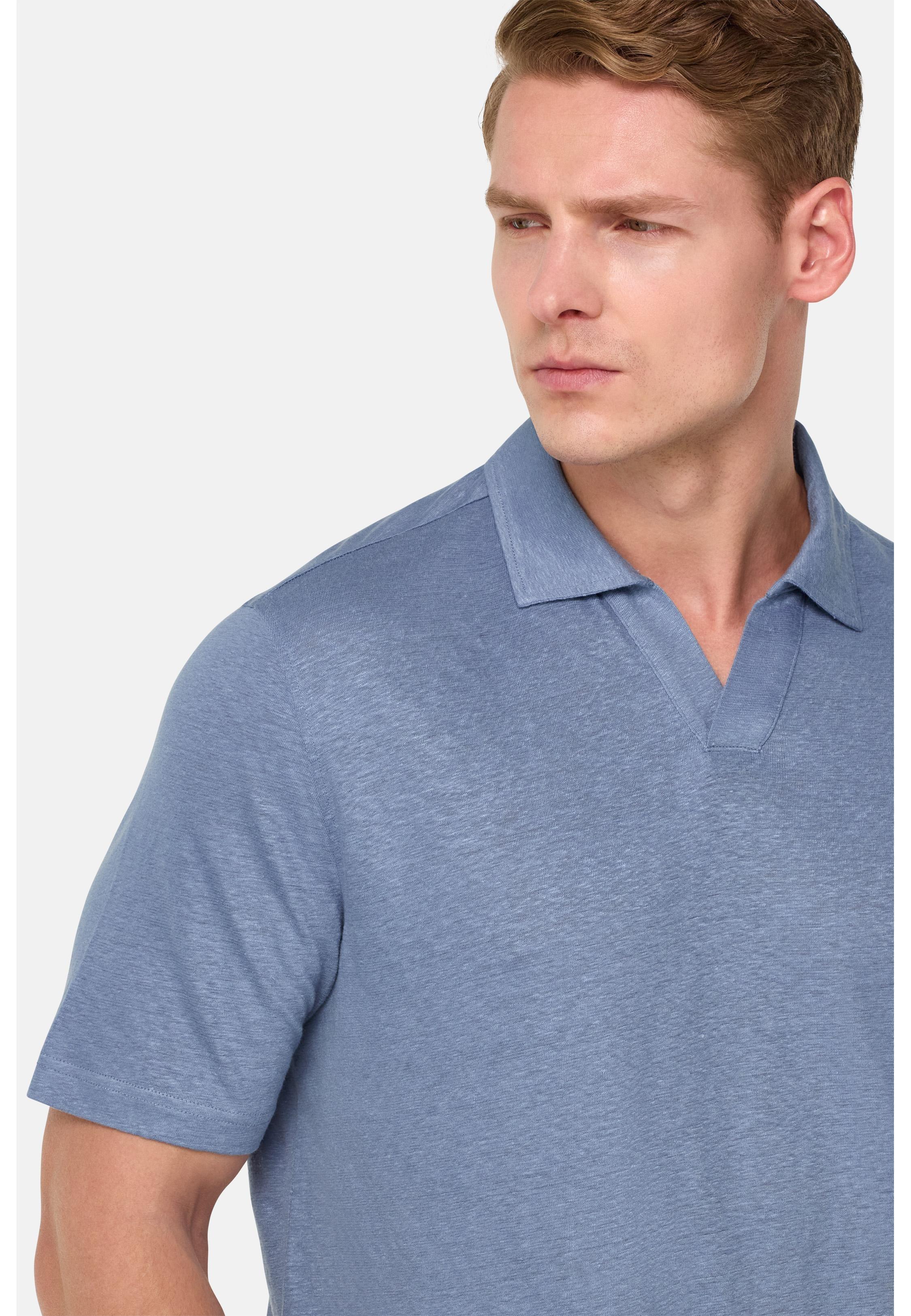 Stretch Linen Jersey Polo Shirt Blue, Indigo, medium