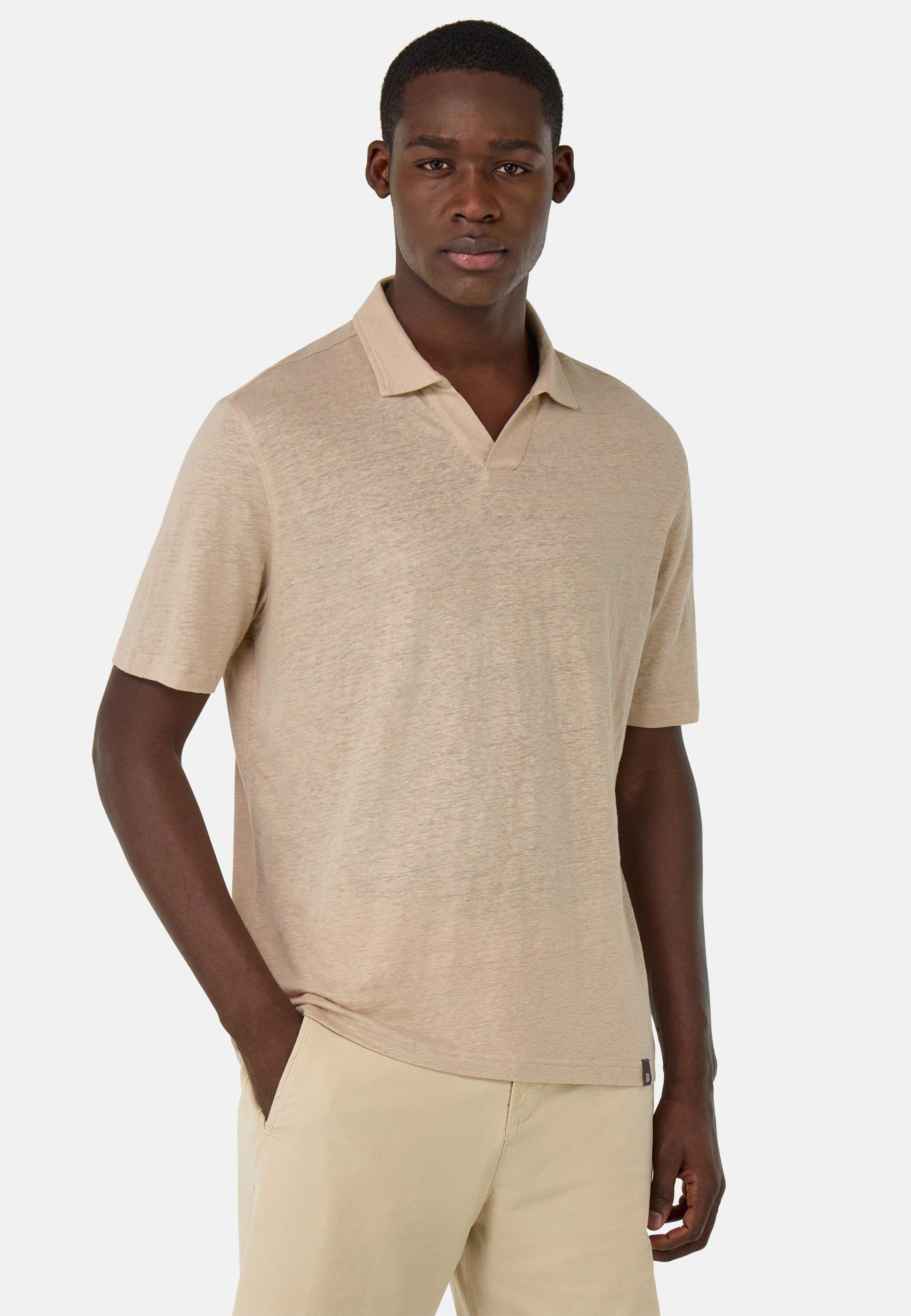 Stretch Linen Jersey Polo Shirt Beige, , medium