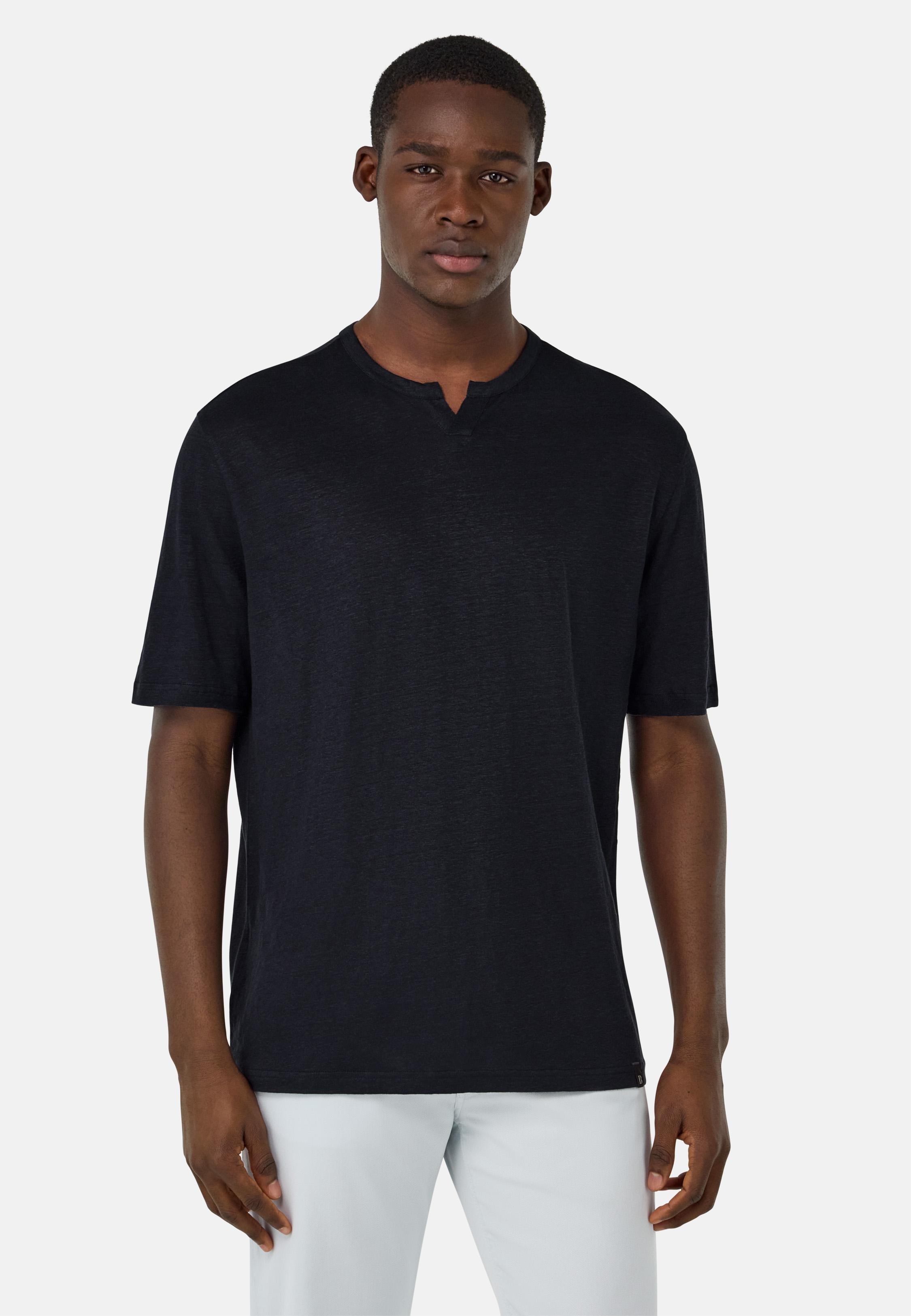 T-Shirt in Stretch Linen Jersey Navy, DARK NAVY, large image number 1