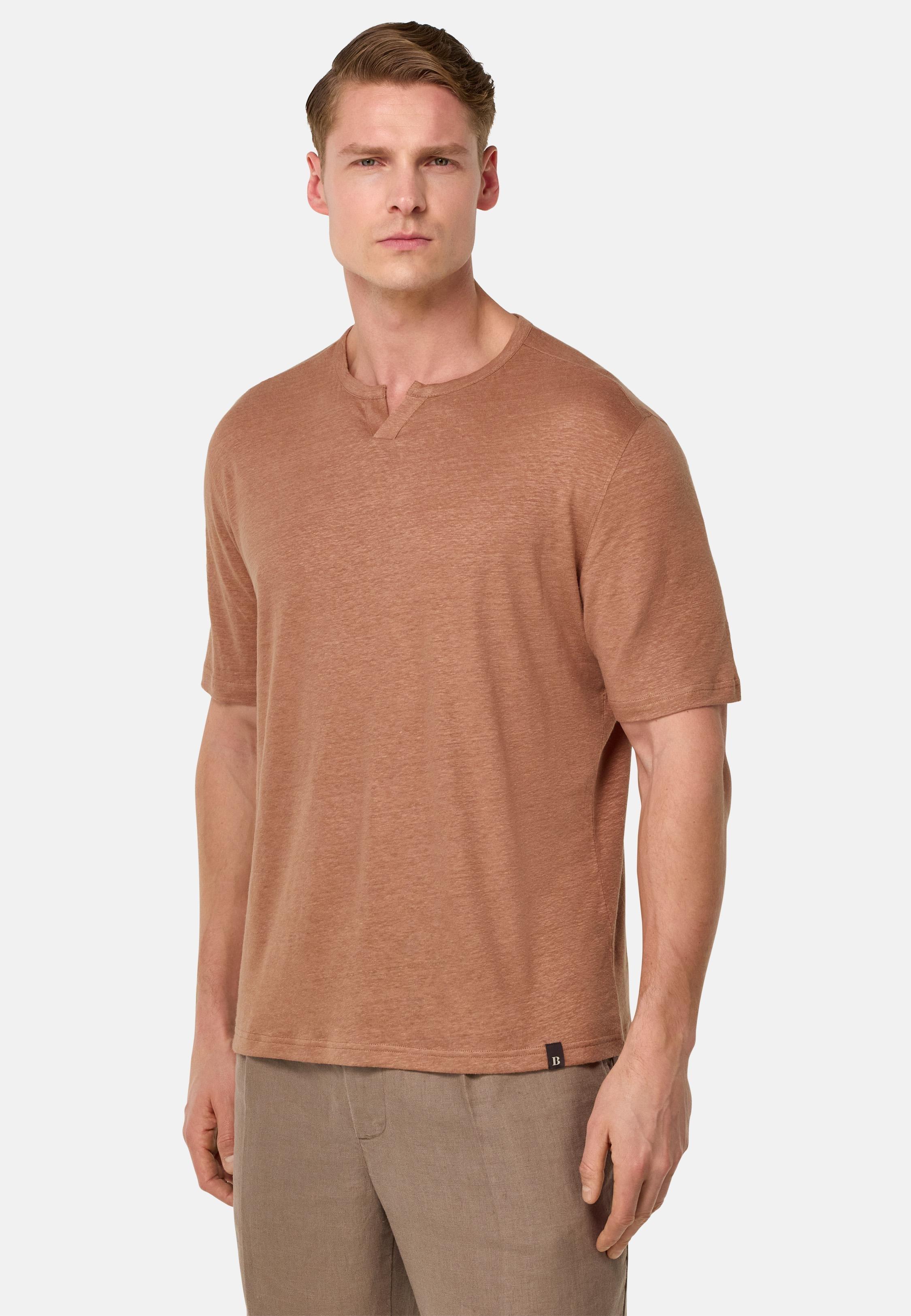T-Shirt in Stretch Linen Jersey Brown, Rot, medium