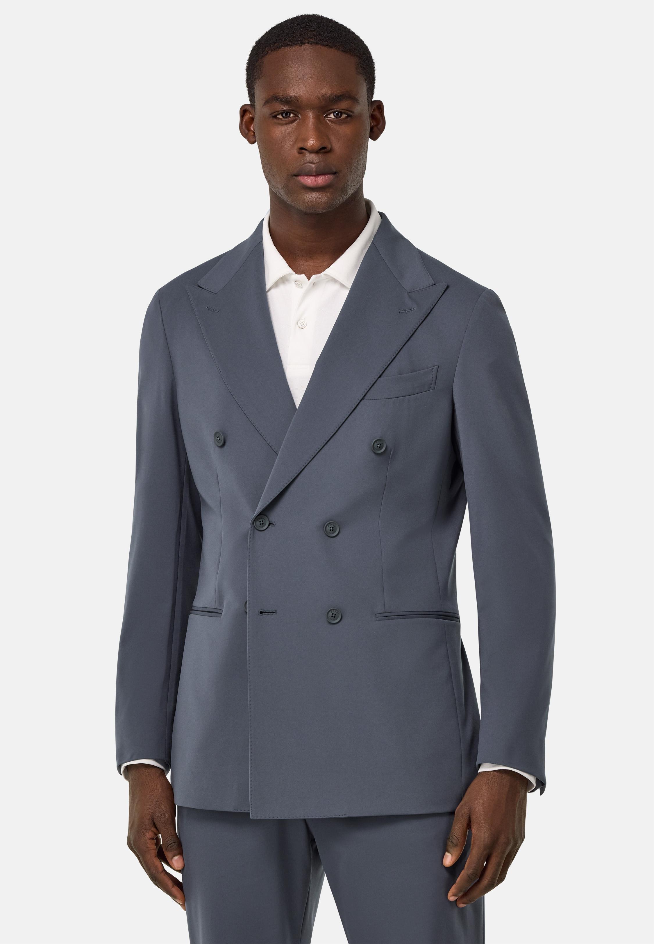 B Tech Double-Breasted Jacket In Stretch Nylon Grey, Charcoal, medium