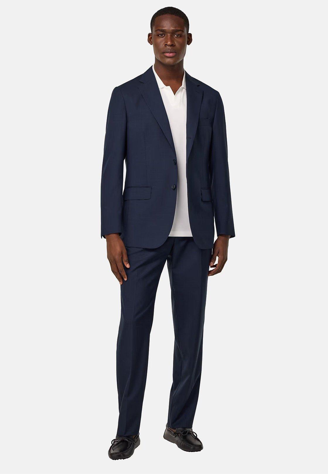 Prince Of Wales Check Suit In Pure Tropical Wool Navy, Navy blue, medium