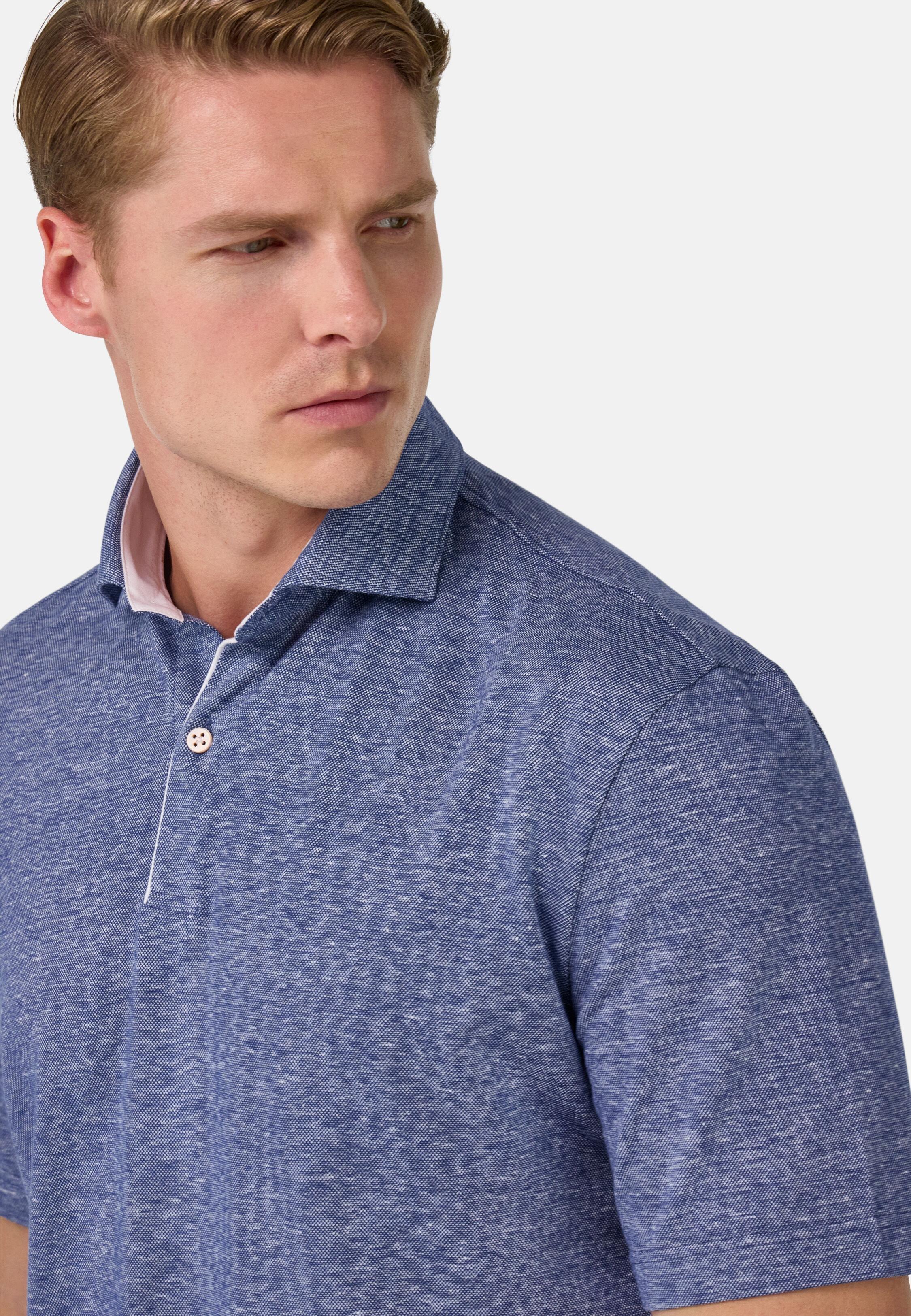 Cotton/Linen Pique Polo Shirt Blue, Blue, large image number 5