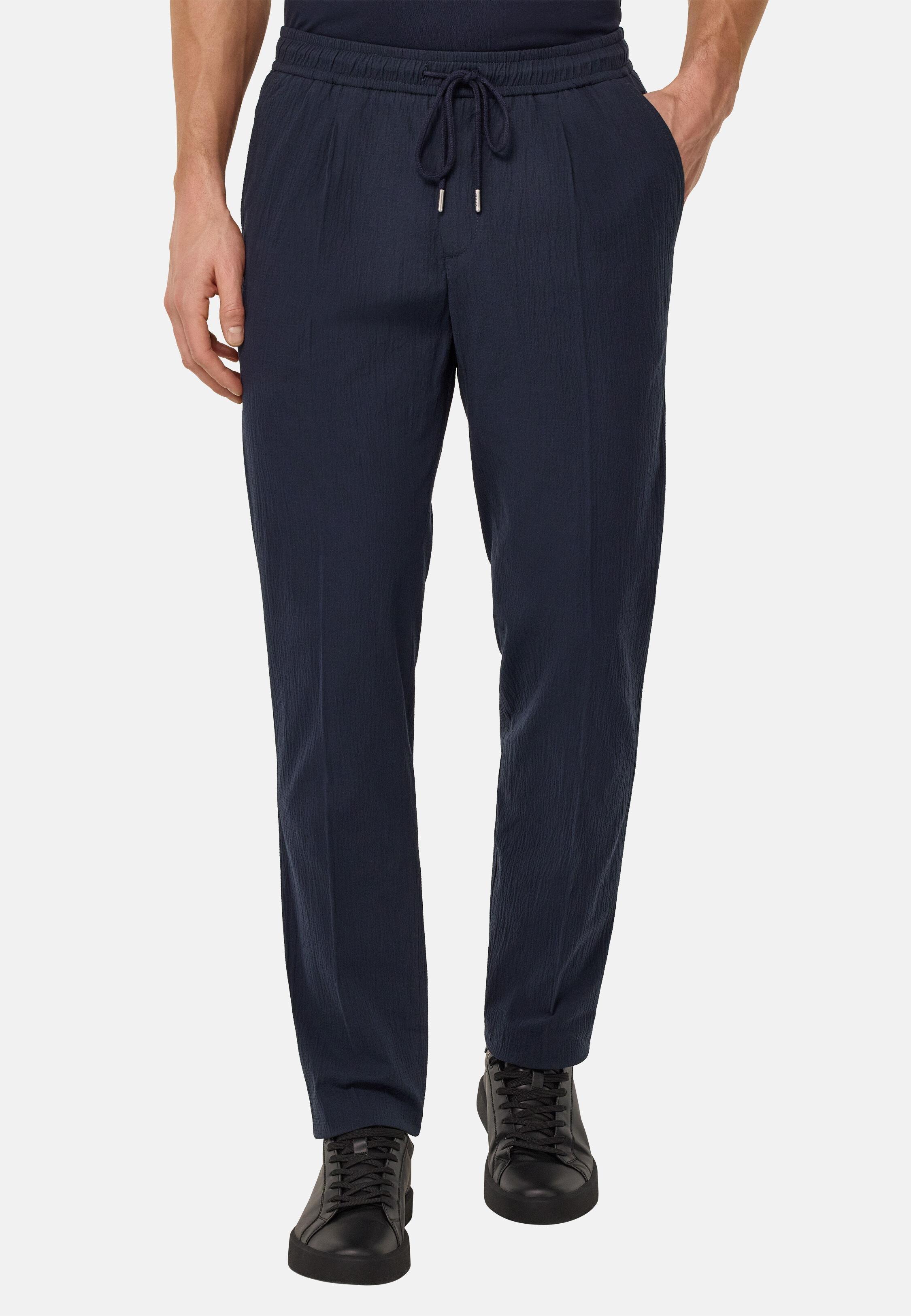 City Trousers in Stretch Seersucker, Navy Blue, Navy blue, medium