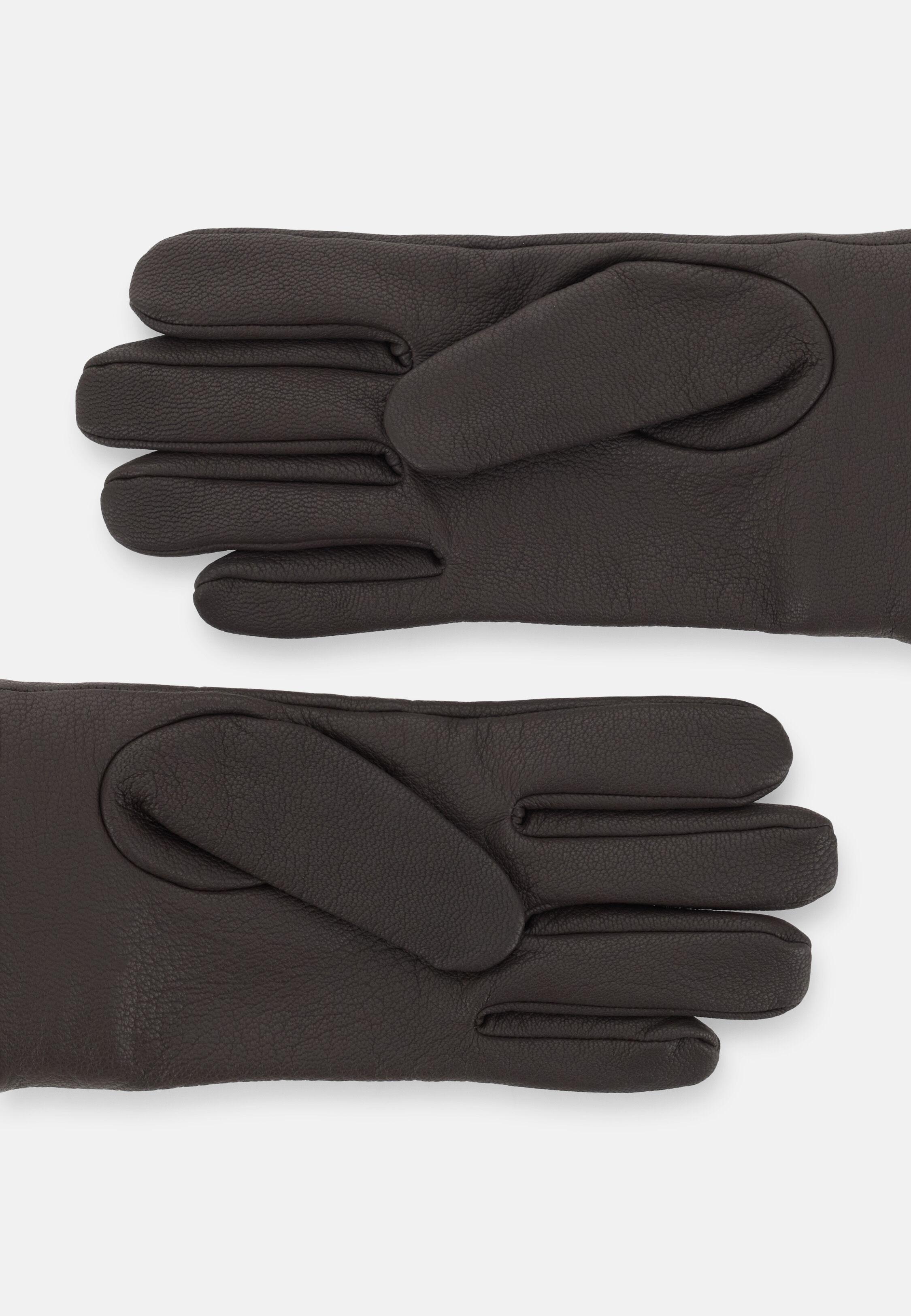 Gloves in Grained Leather with Knitted Fabric Detail, Brown, Brown, medium