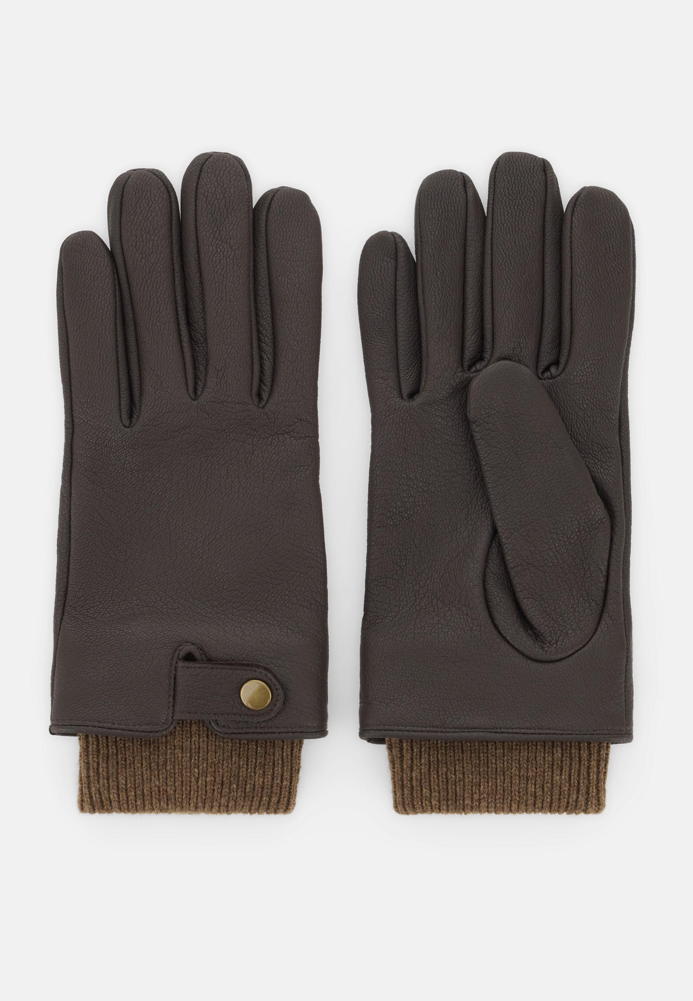 Gloves in Grained Leather with Knitted Fabric Detail, Brown, Brown, medium