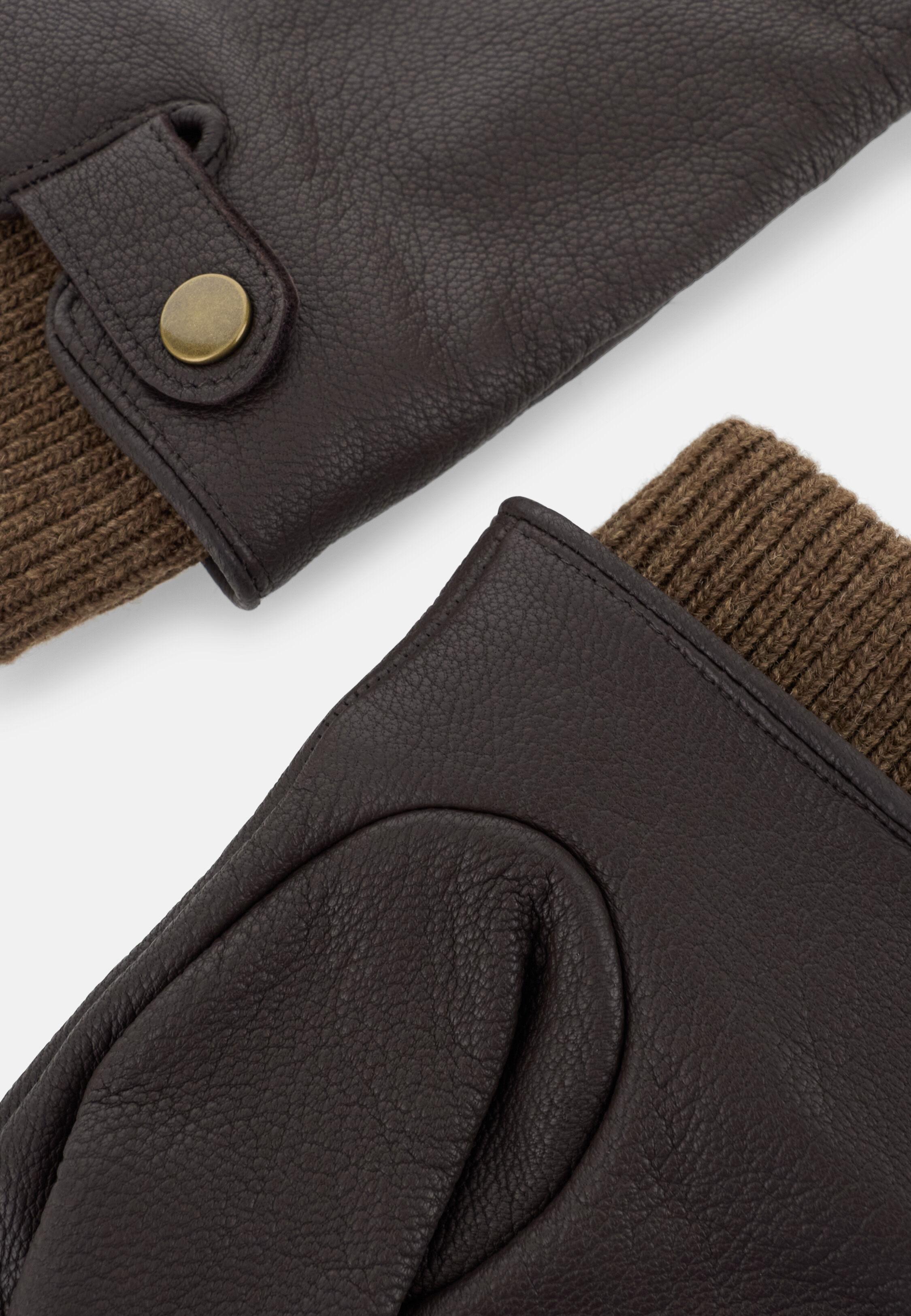 Gloves in Grained Leather with Knitted Fabric Detail, Brown, Brown, medium