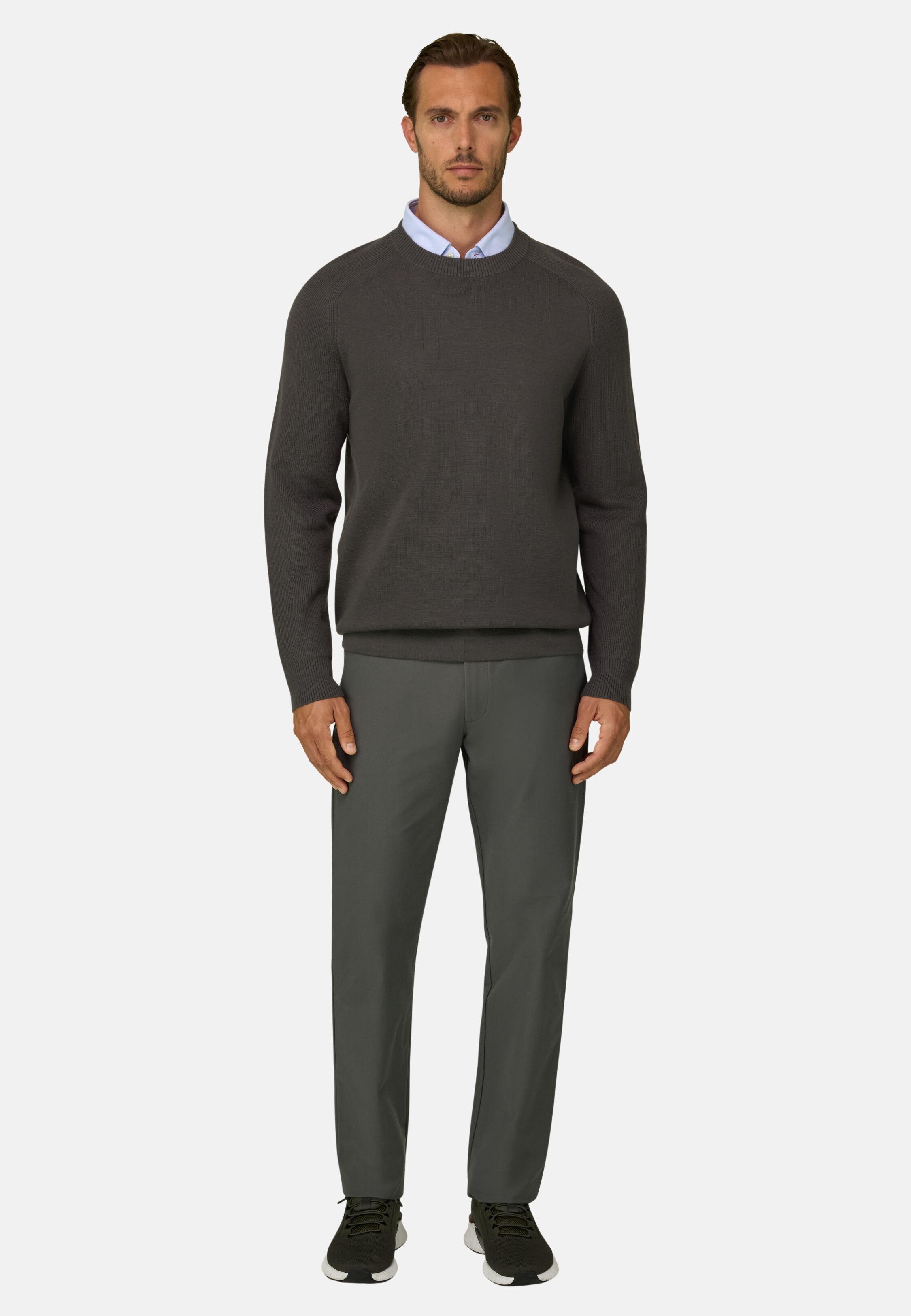 Crew Neck Jumper in Merino Wool Blend Wooltech Military Green, Military Green, medium