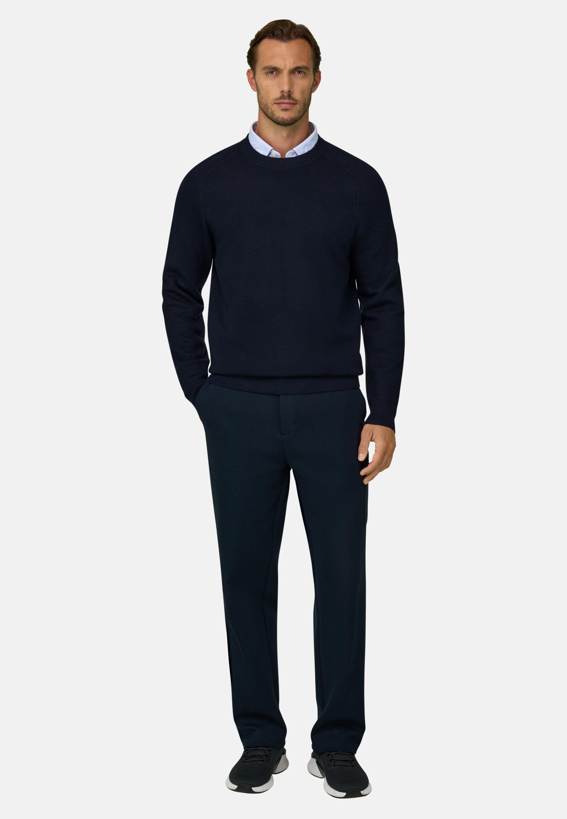Crew Neck Jumper in Merino Wool Blend Wooltech Navy blue, Navy blue, medium