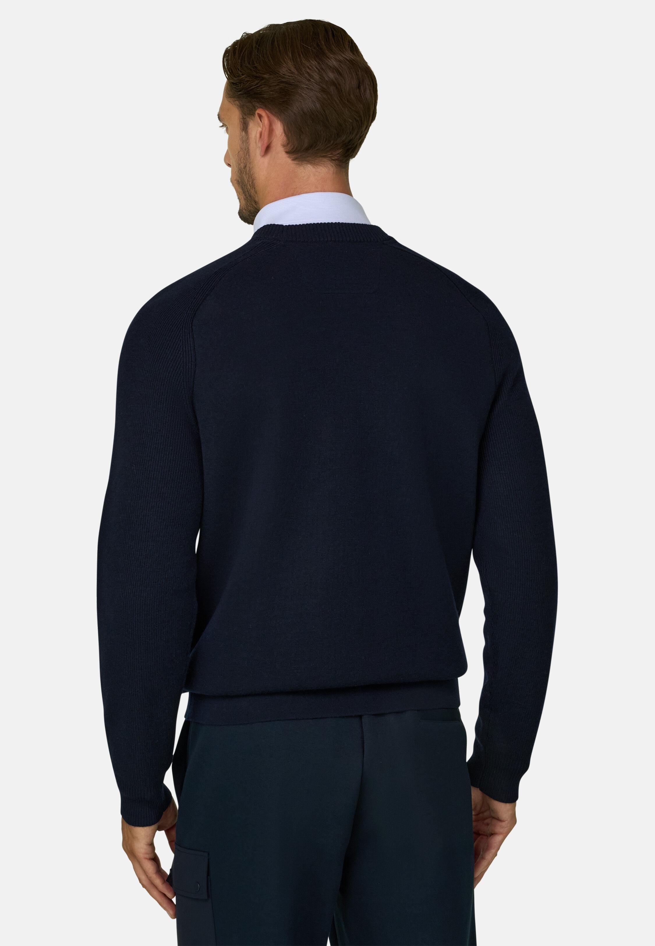 Crew Neck Jumper in Merino Wool Blend Wooltech Navy blue, Navy blue, medium