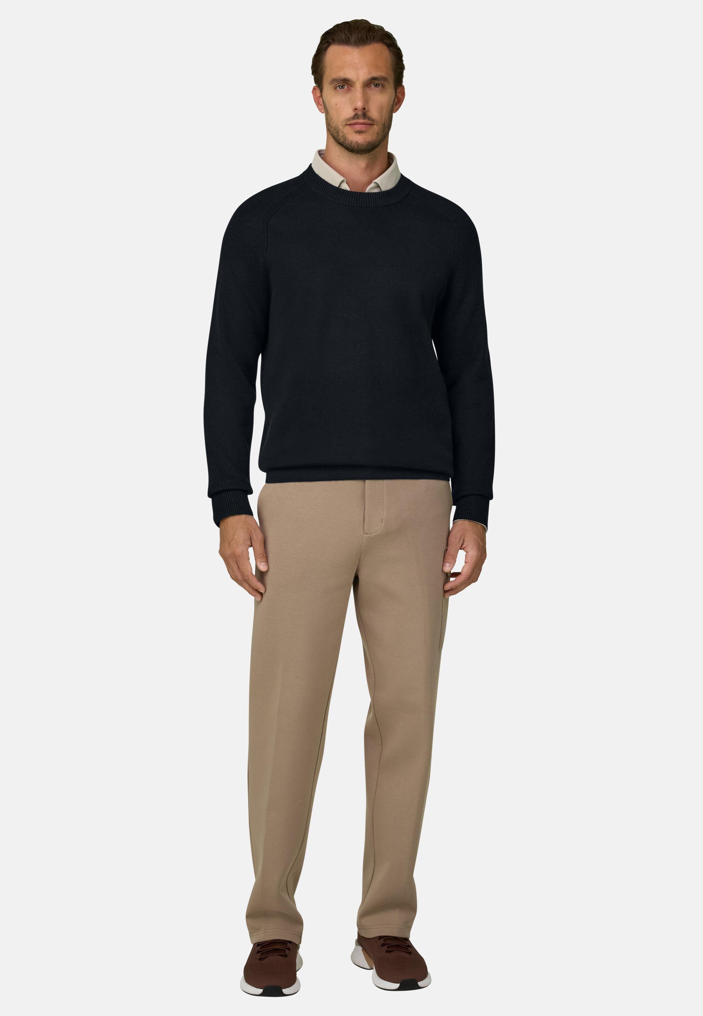 Crew Neck Jumper in Merino Wool Blend Wooltech Black, Black, large image number 0