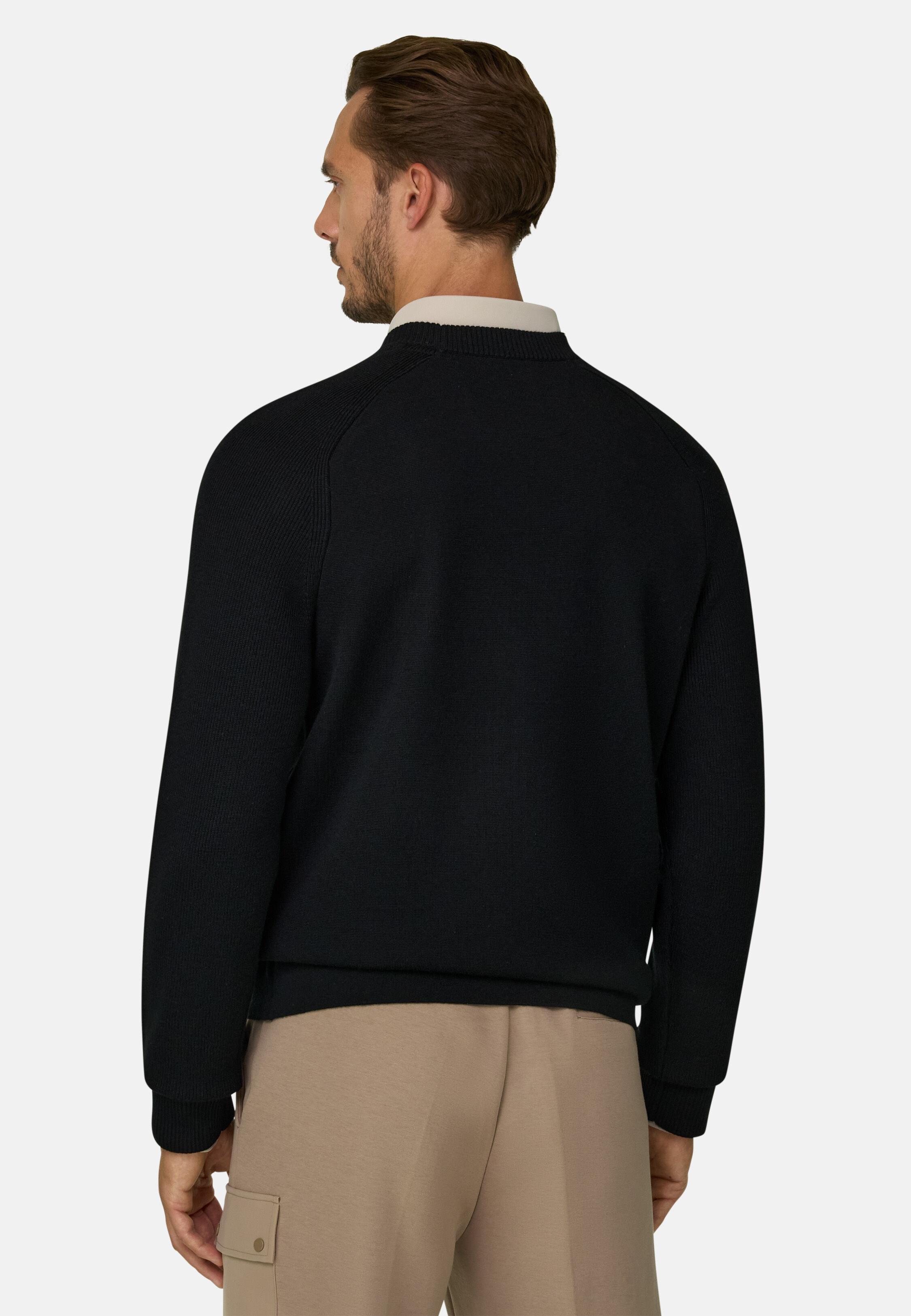 Crew Neck Jumper in Merino Wool Blend Wooltech Black, Black, medium