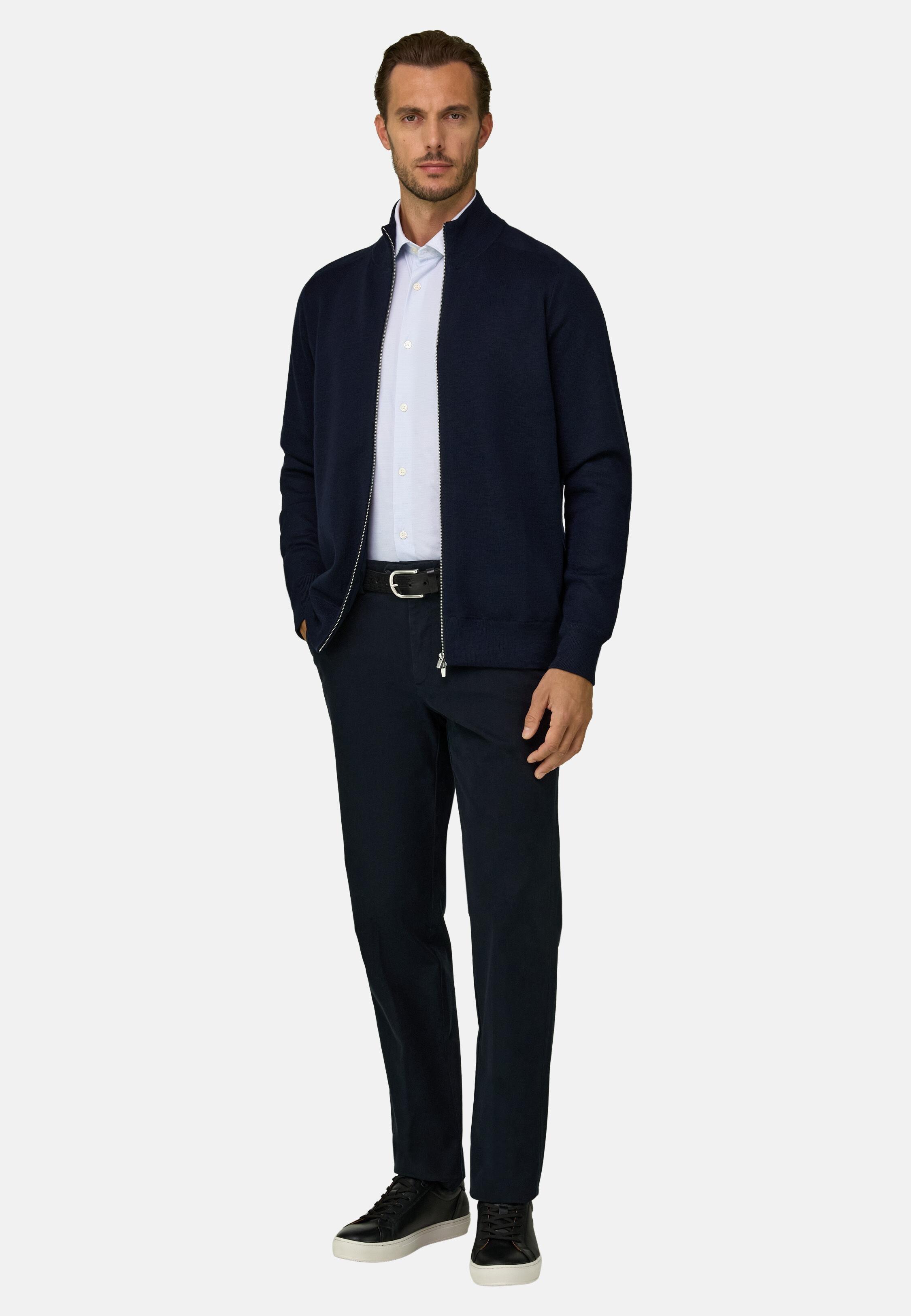 Full-Zip Jumper in Merino Wool Blend Wooltech Navy blue, Navy blue, medium