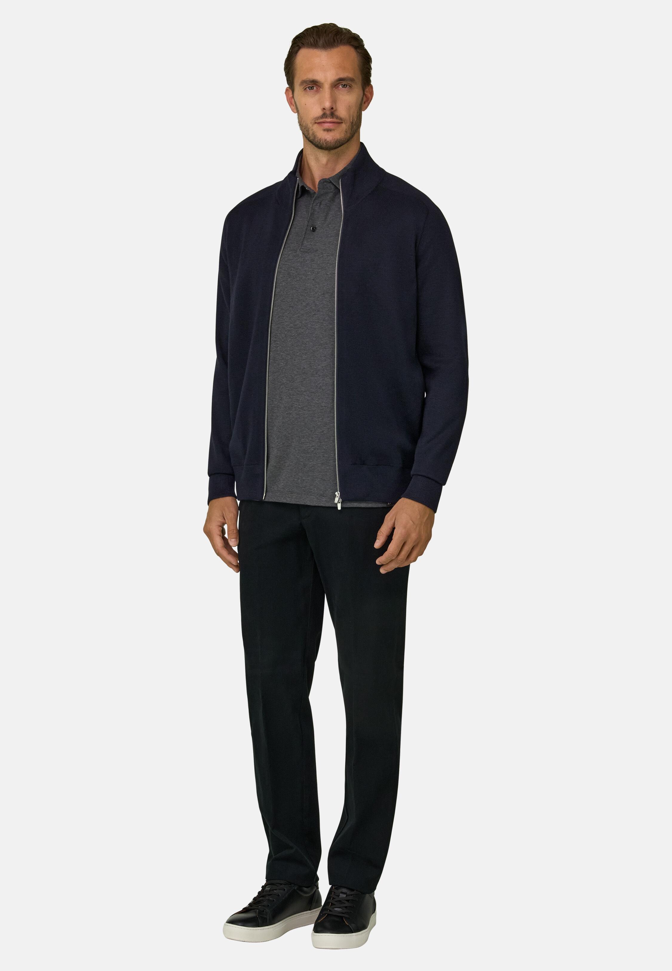 Full-Zip Jumper in Merino Wool Blend Wooltech Black, Black, medium