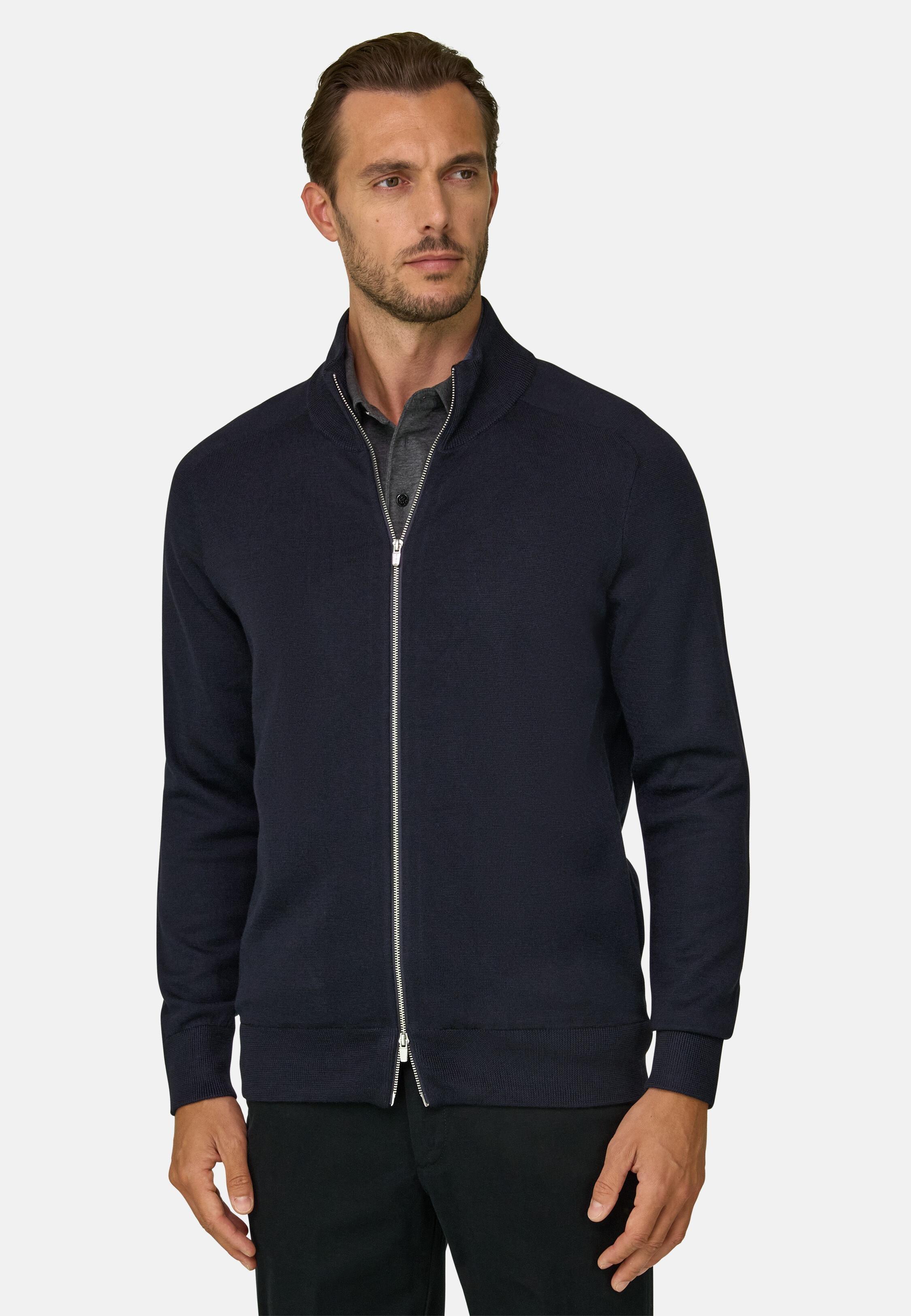 Full-Zip Jumper in Merino Wool Blend Wooltech Black, Black, large image number 1