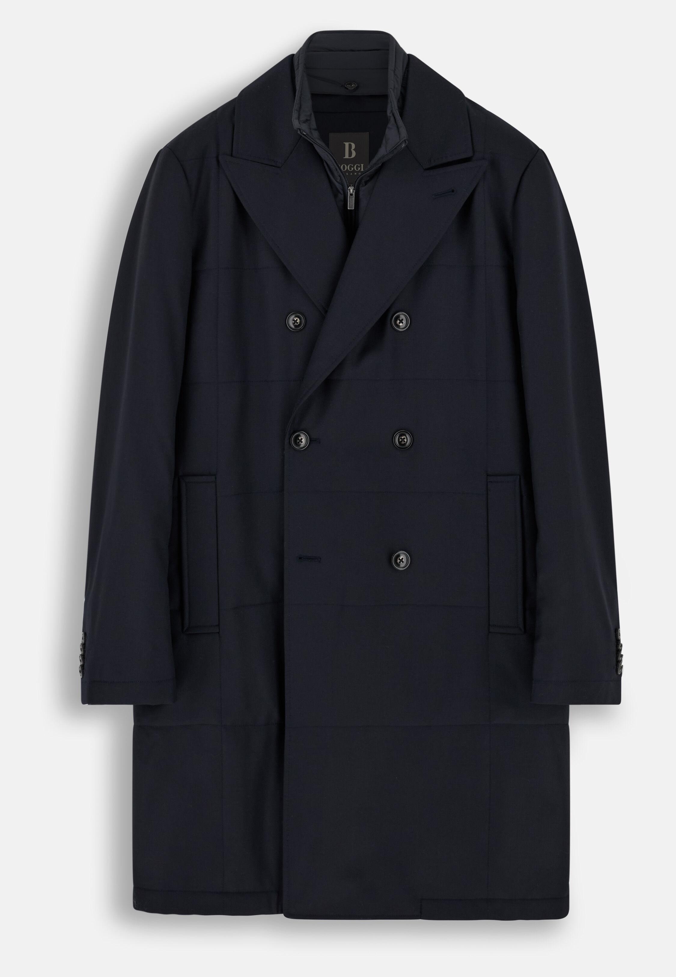 Double-Breasted Padded Coat with Removable Bib in Wool Navy blue, Navy blue, medium