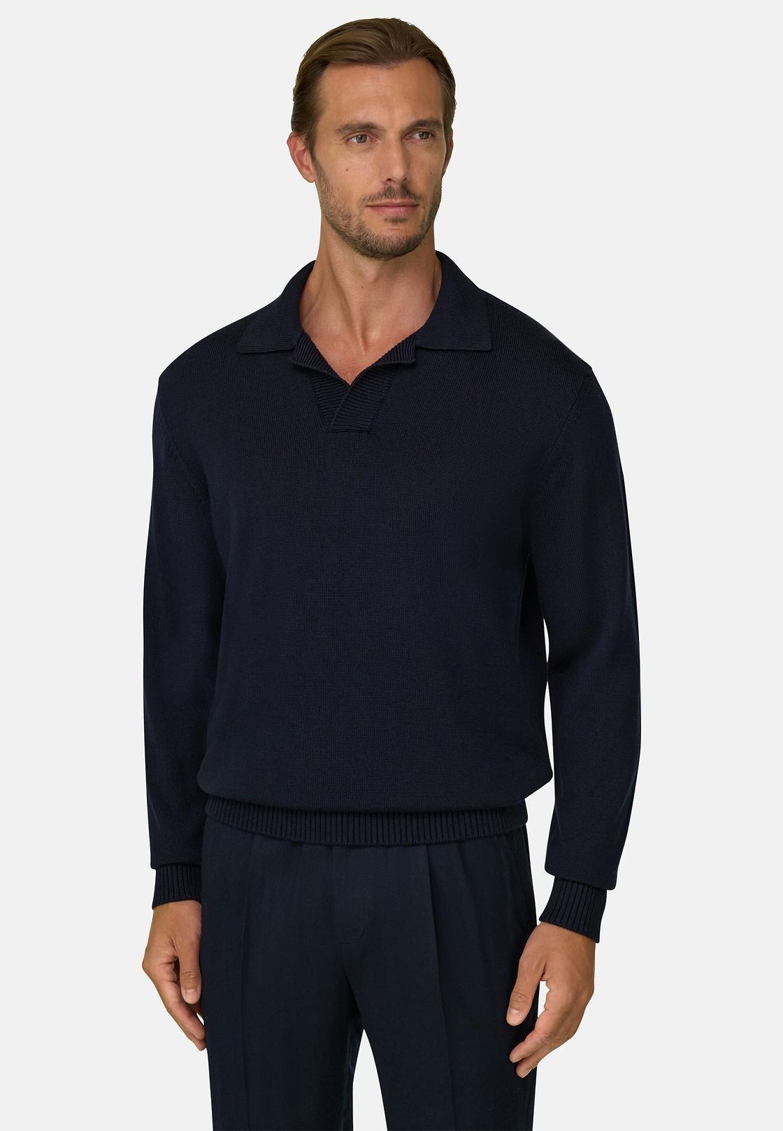 Knitted Polo Shirt in Extrafine Merino Wool Navy blue, Navy blue, medium
