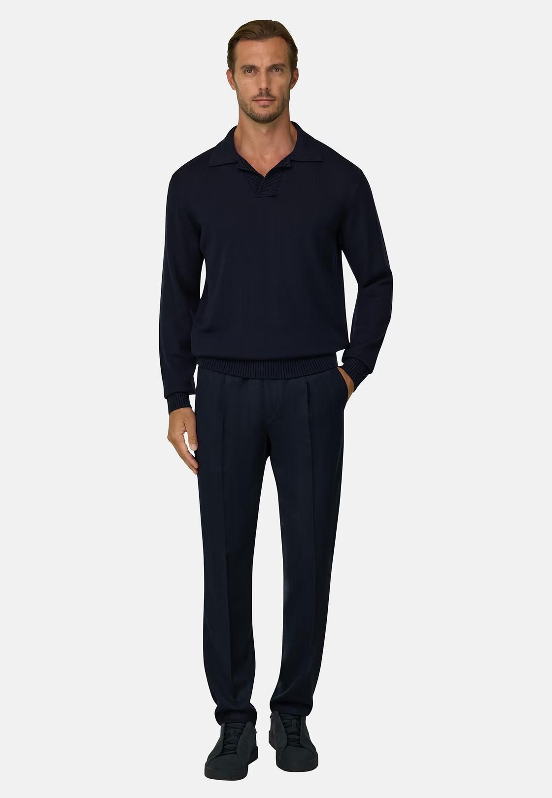Knitted Polo Shirt in Extrafine Merino Wool Navy blue, Navy blue, medium