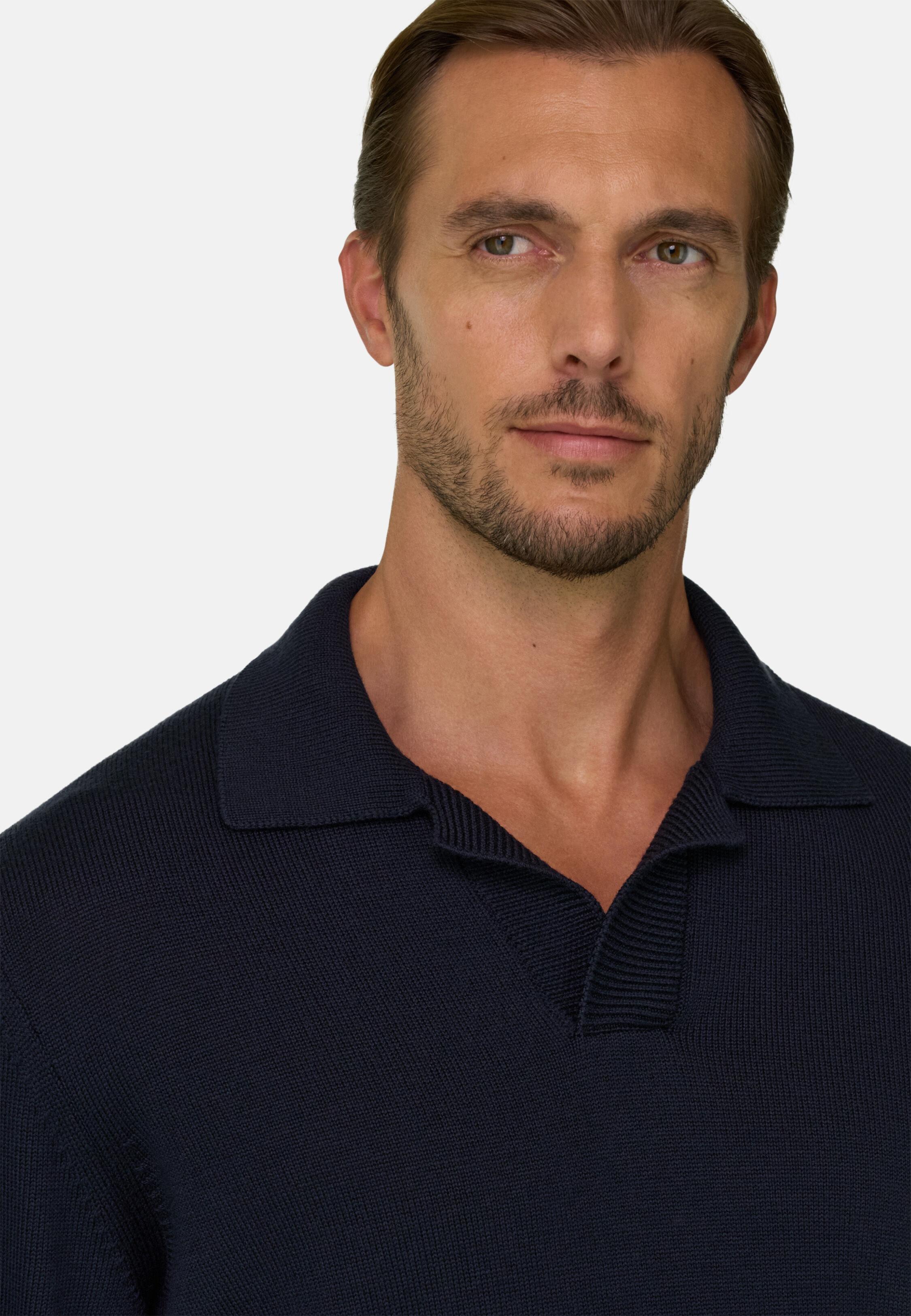 Knitted Polo Shirt in Extrafine Merino Wool Navy blue, Navy blue, medium