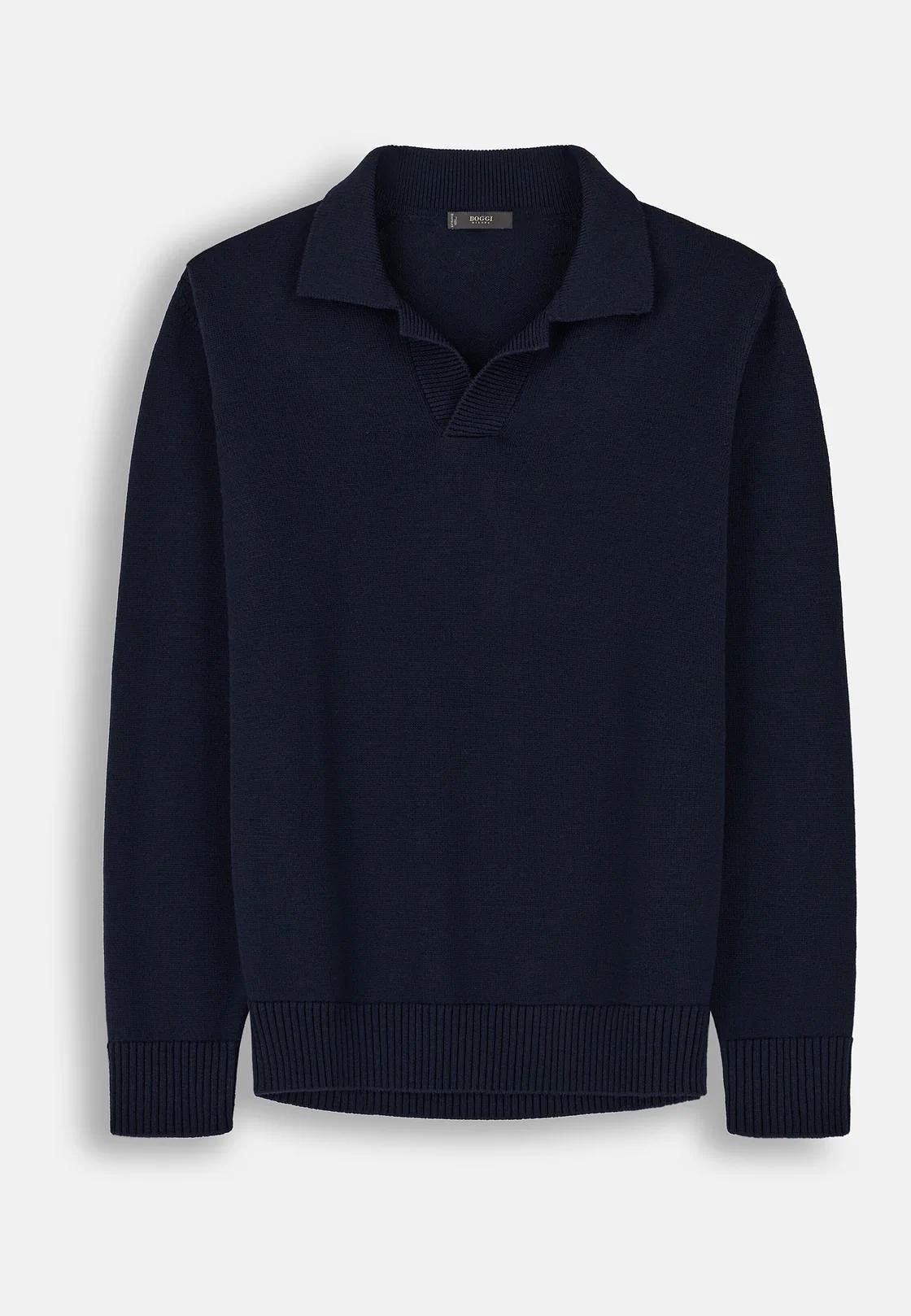 Knitted Polo Shirt in Extrafine Merino Wool Navy blue, Navy blue, large image number 6