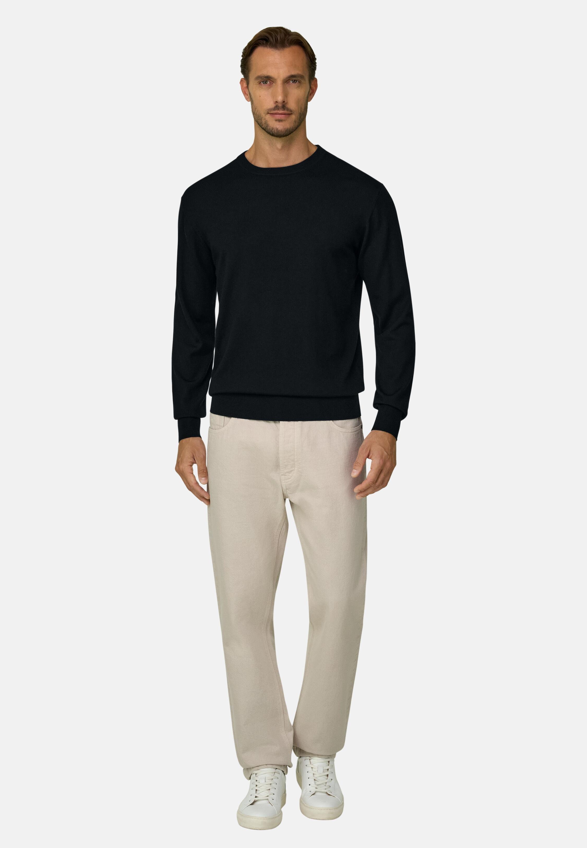 Crew Neck in Extrafine Merino Wool Black, Black, large image number 0