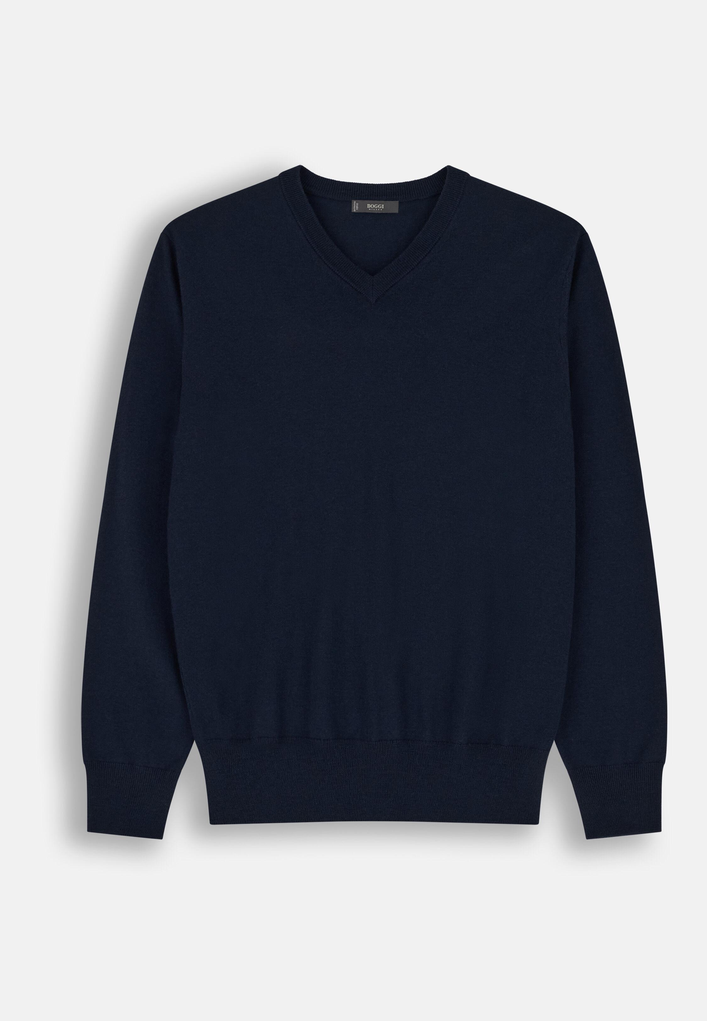V-Neck Jumper in Extrafine Merino Wool Navy blue, Navy blue, large image number 3