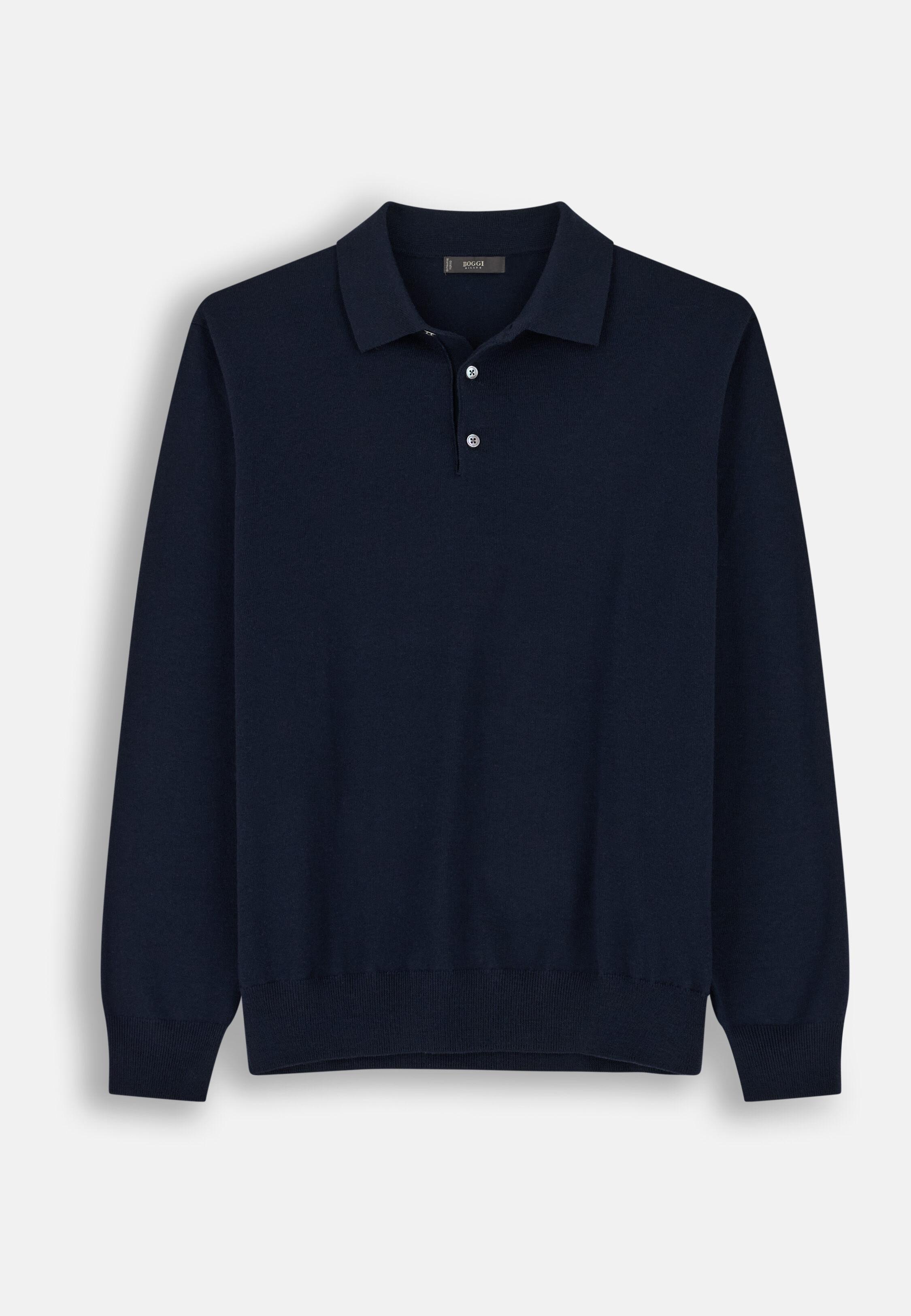 Knitted Polo Shirt in Merino Navy blue, Navy blue, medium