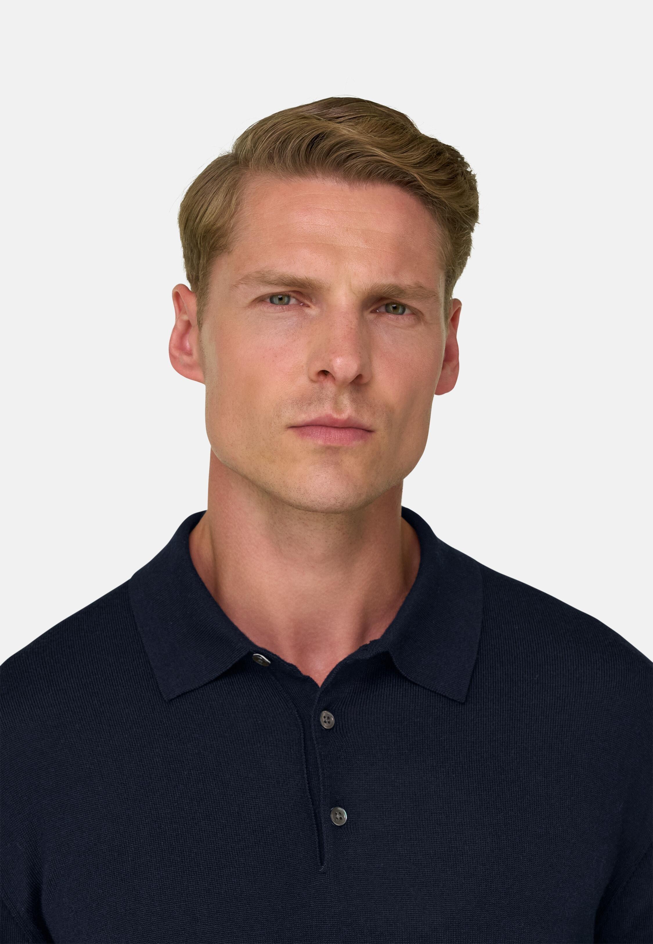 Knitted Polo Shirt in Merino, Navy Blue, Navy blue, large image number 1