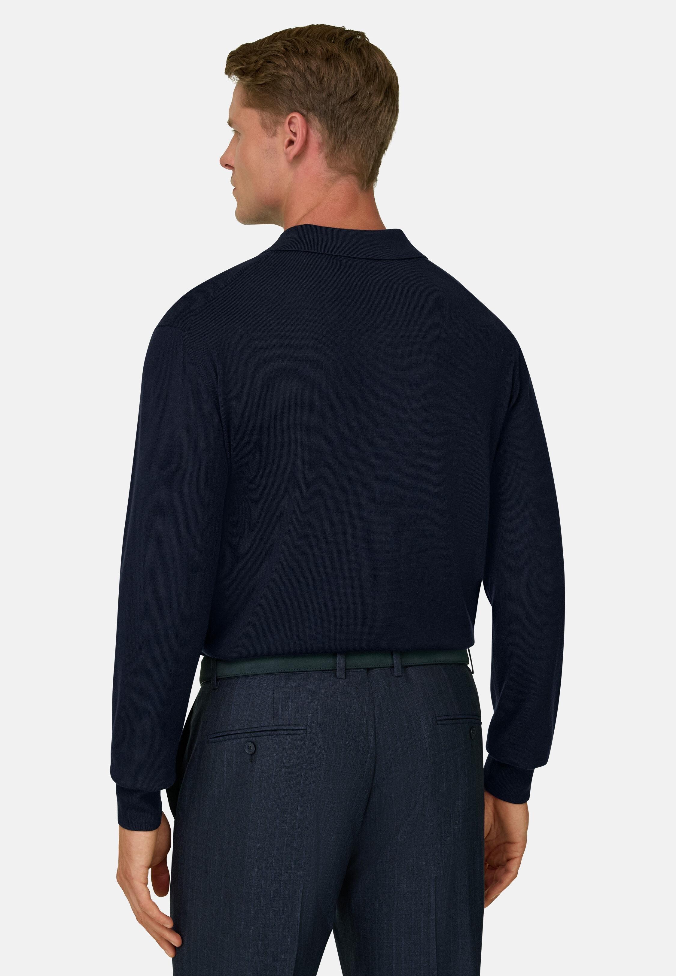 Knitted Polo Shirt in Merino, Navy Blue, Navy blue, medium