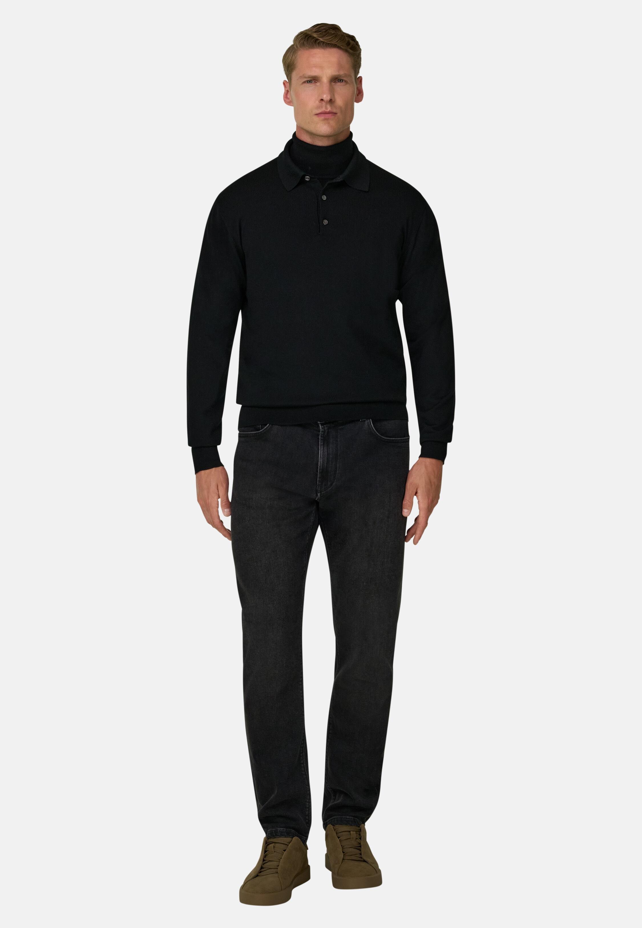 Knitted Polo Shirt in Merino Black, Black, medium