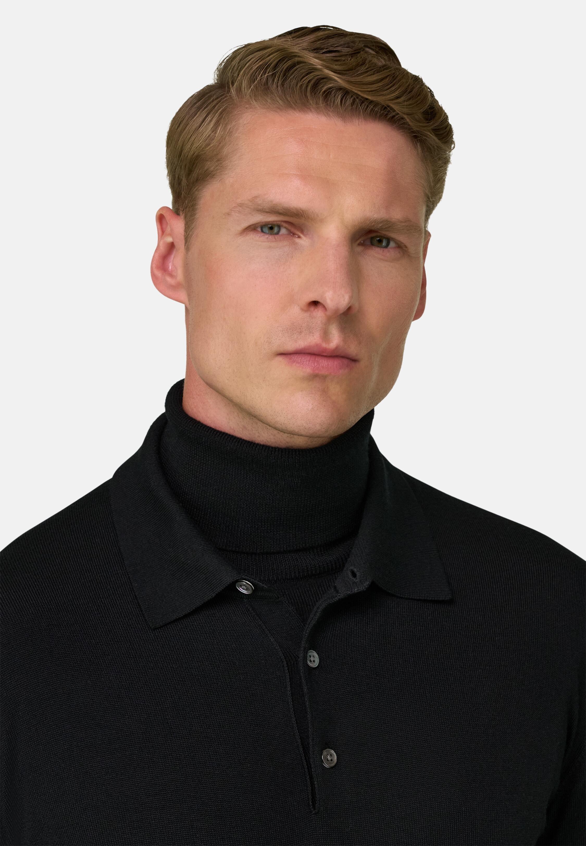 Knitted Polo Shirt in Merino, Black, Black, large image number 2