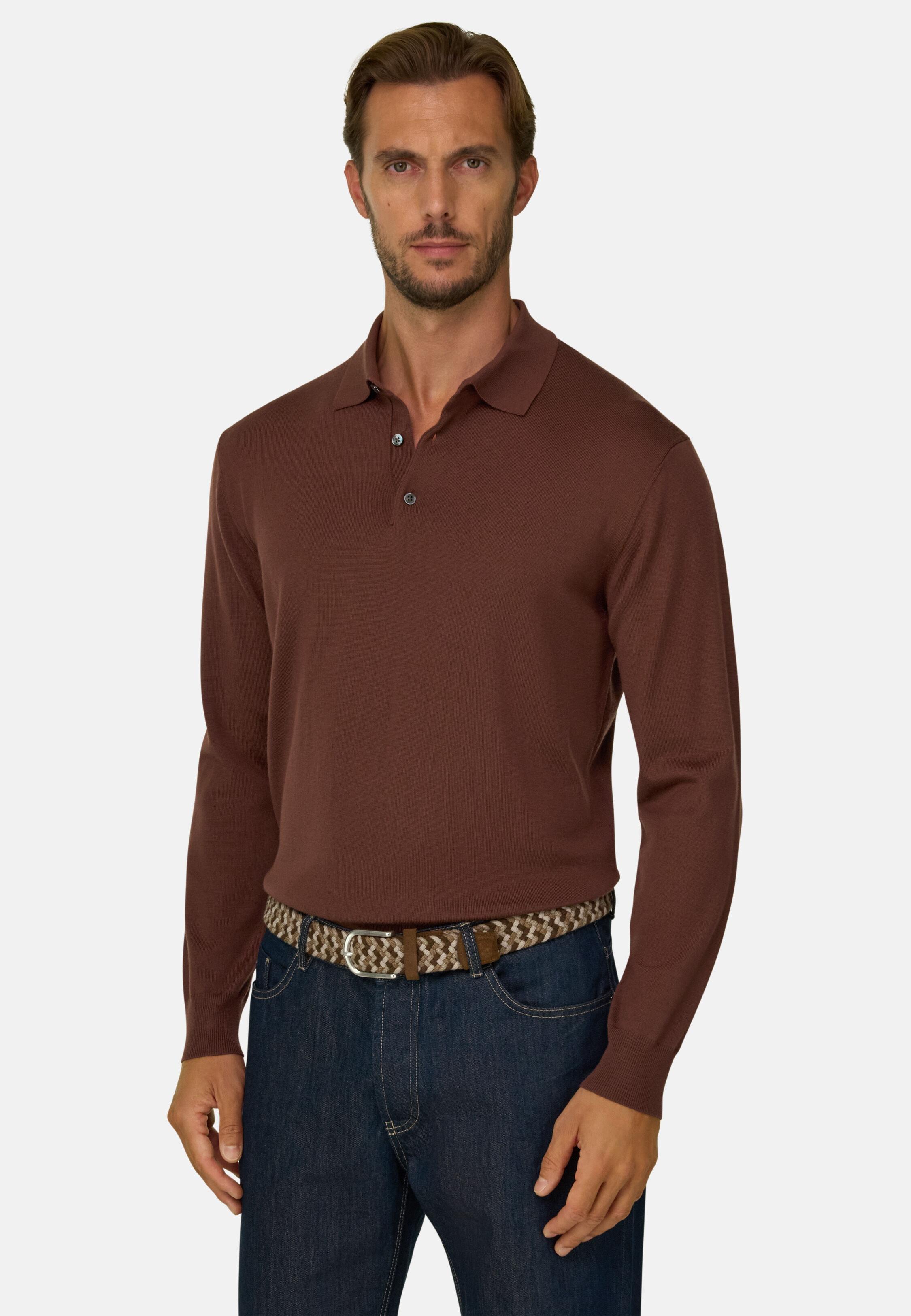 Knitted Polo Shirt in Merino Extrafine Brown, Rot, medium