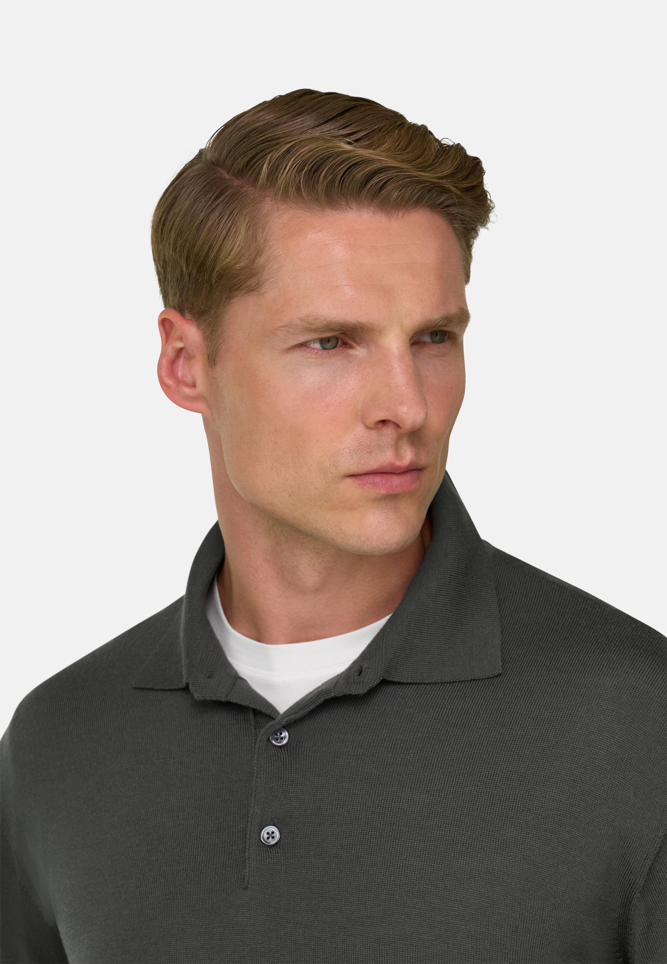 Knitted Polo Shirt in Merino Military Green, Military Green, medium