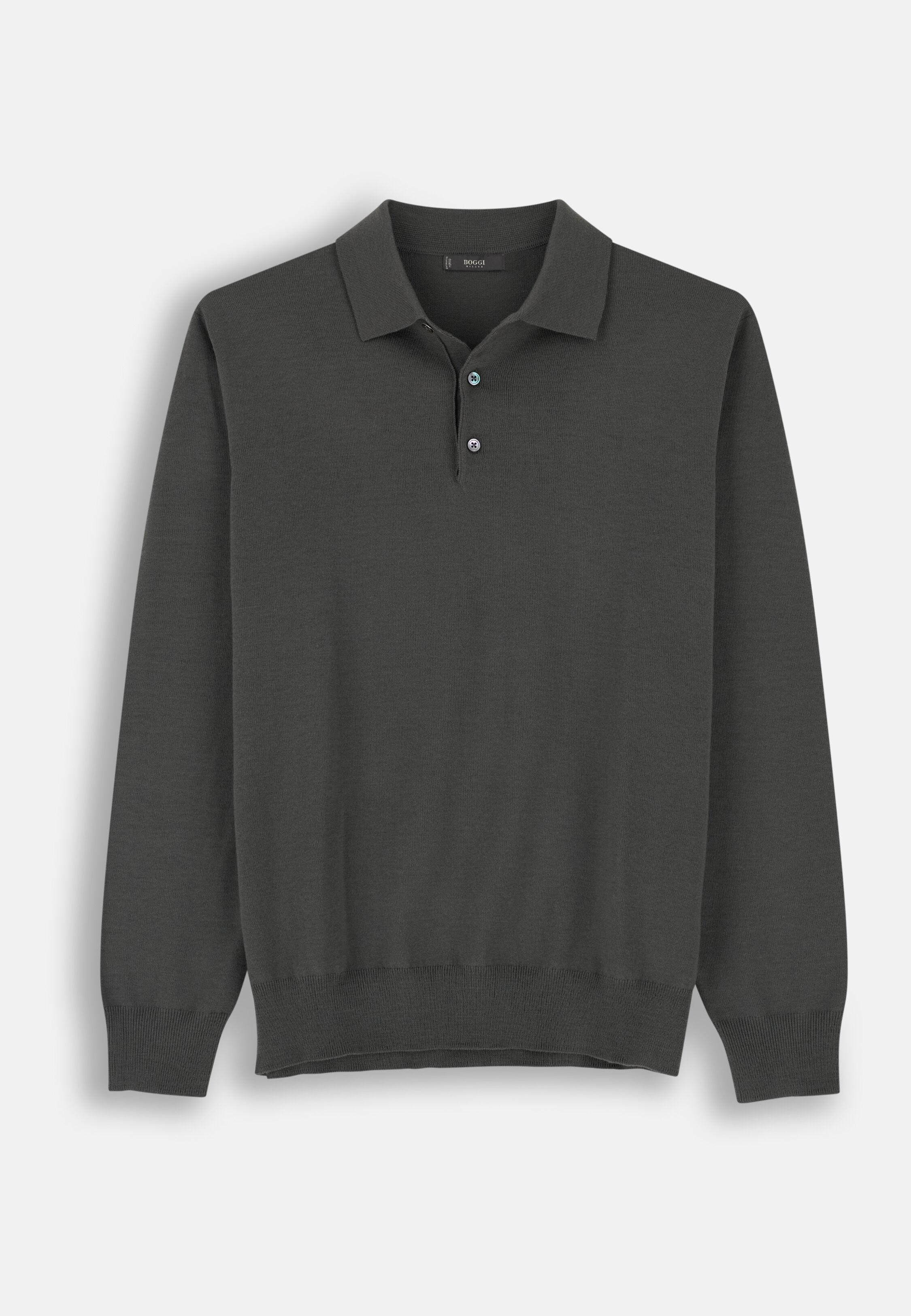 Knitted Polo Shirt in Merino Military Green, Military Green, medium