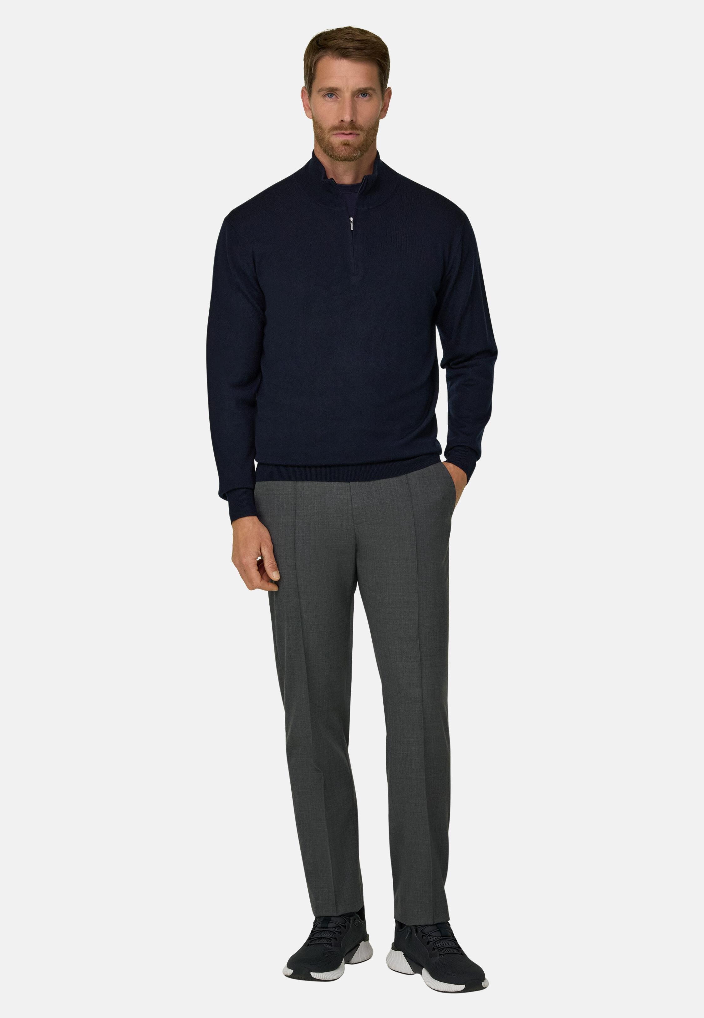 Quarter-Zip Jumper in Extrafine Merino Wool Navy blue, Navy blue, large image number 0