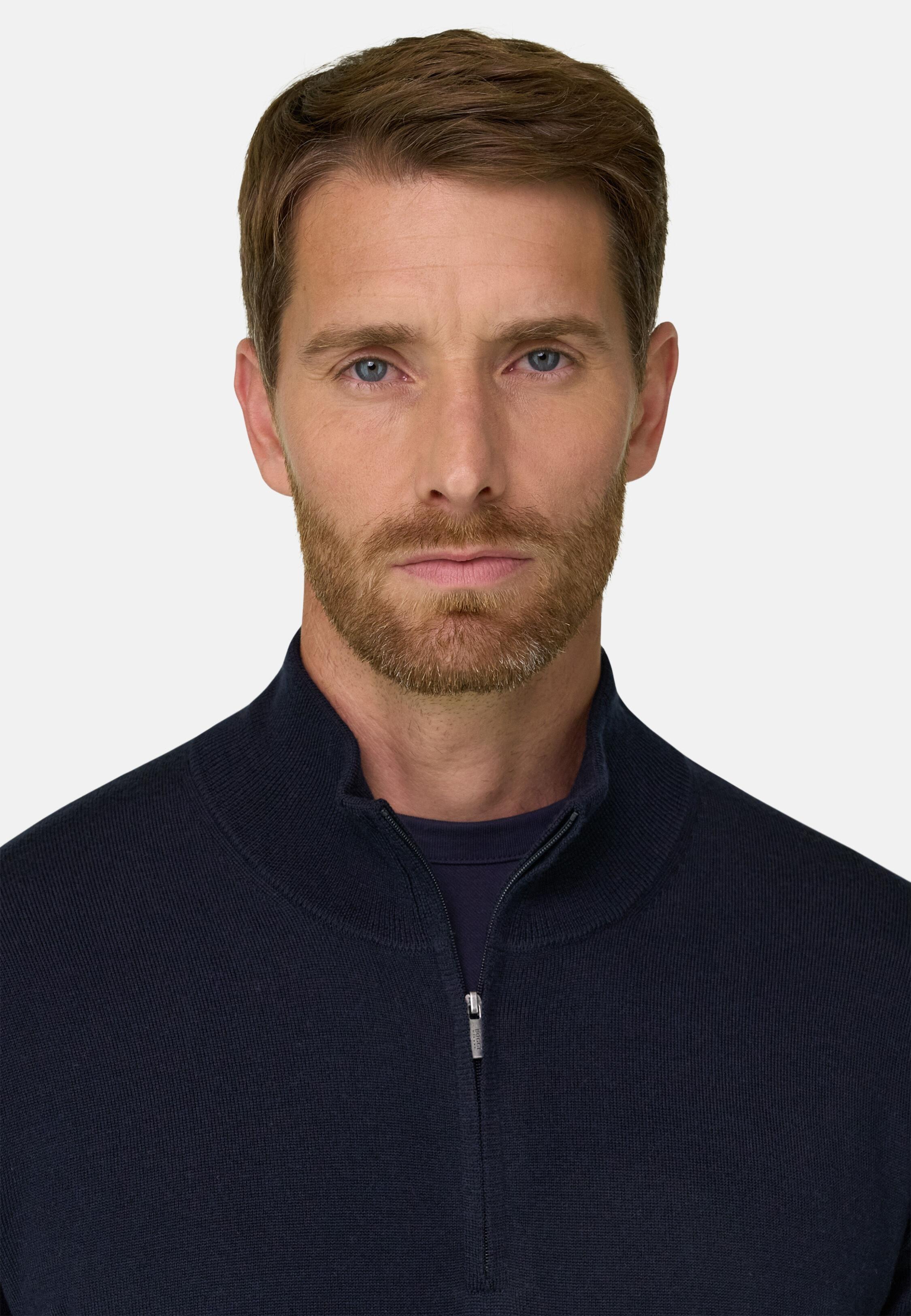 Quarter-Zip Jumper in Extrafine Merino Wool Navy blue, Navy blue, medium